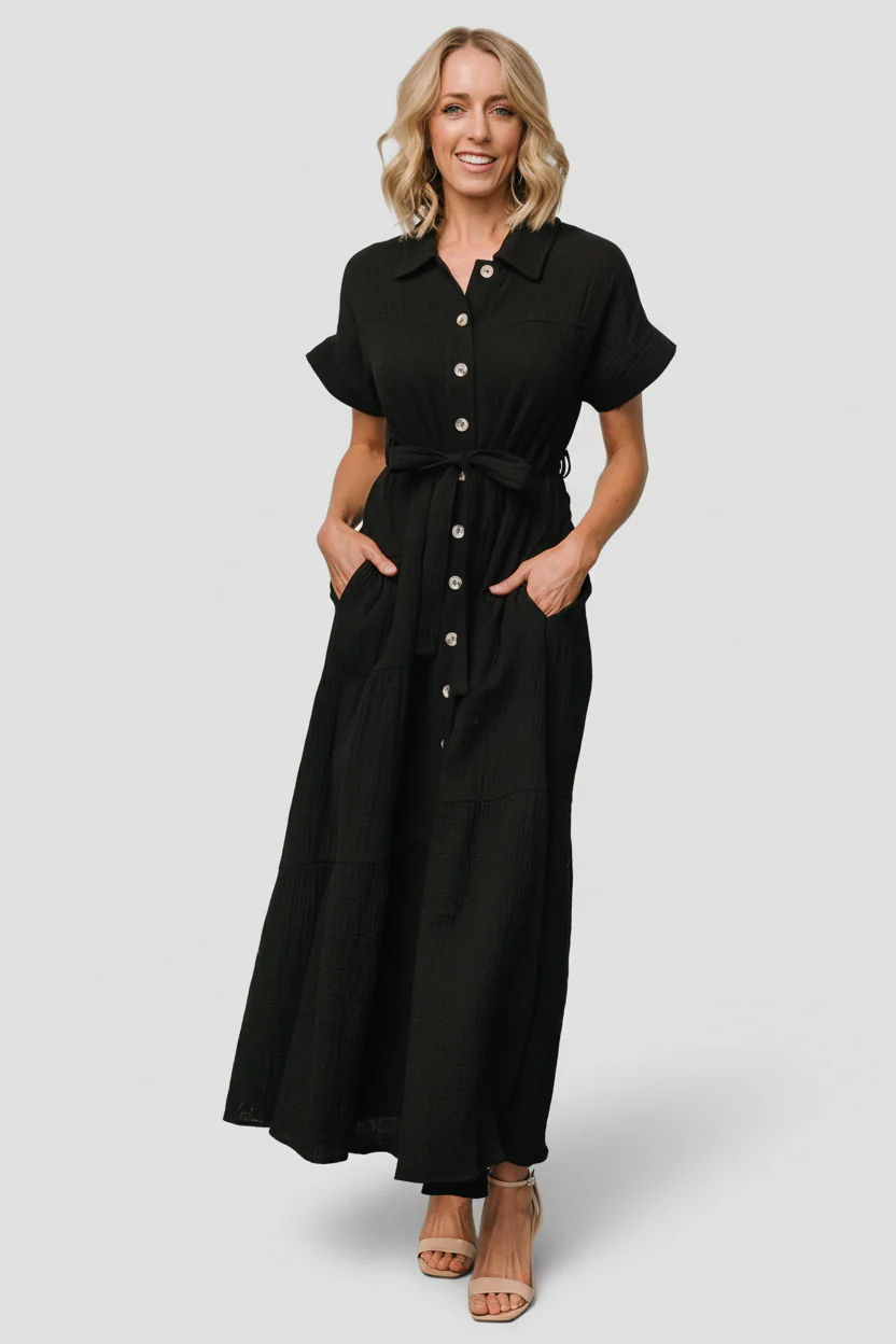 Aizey Button Up Maxi Dress | Black