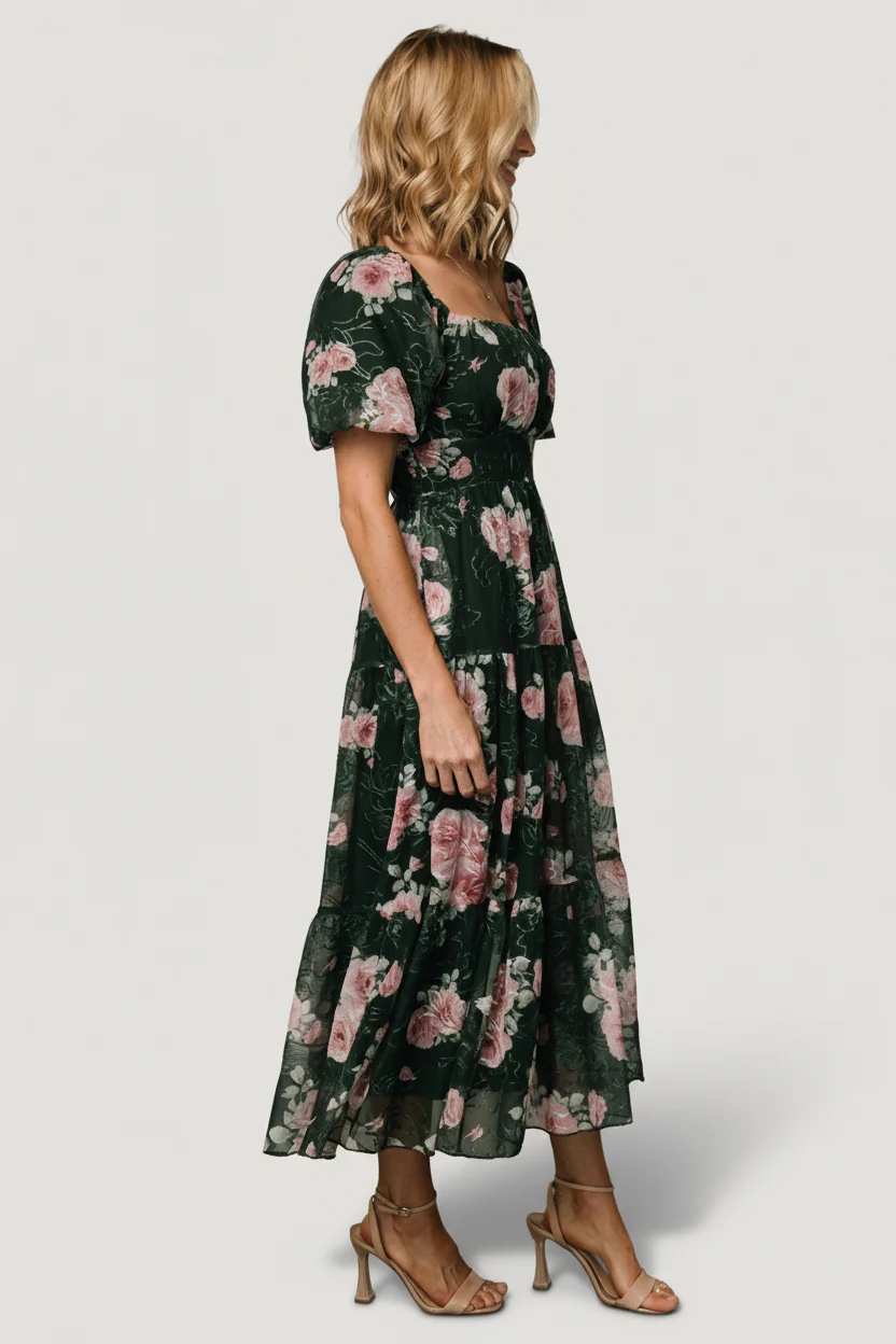 Annabeth Midi Dress | Dark Green + Pink - Image 4