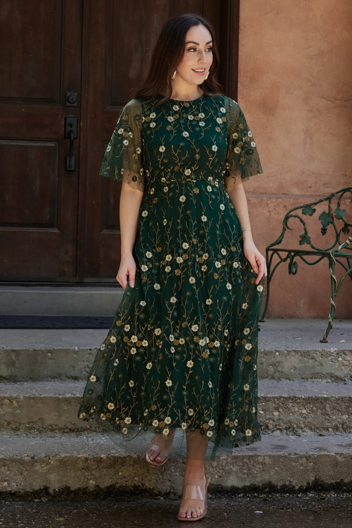 Arabella Embroidered Tulle Maxi Dress | Dark Green Floral - Image 3