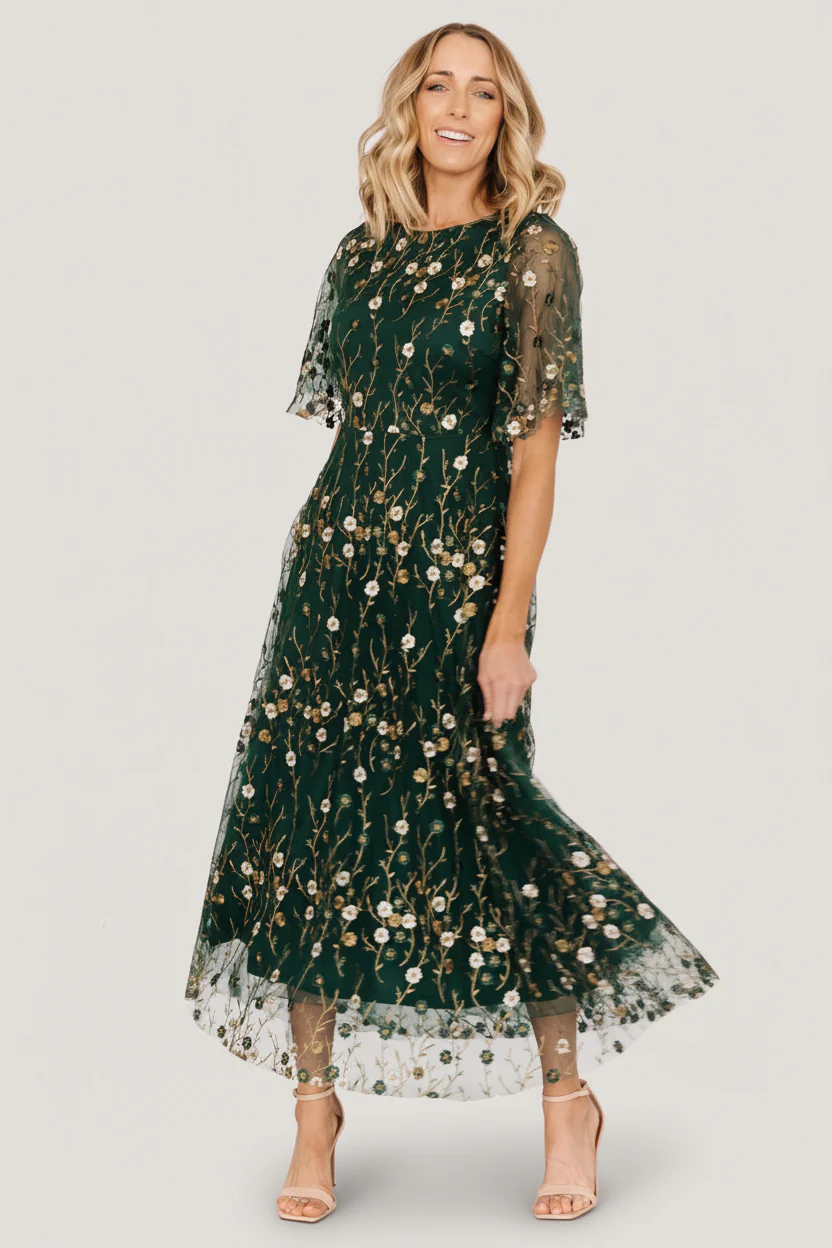 Arabella Embroidered Tulle Maxi Dress | Dark Green Floral - Image 4