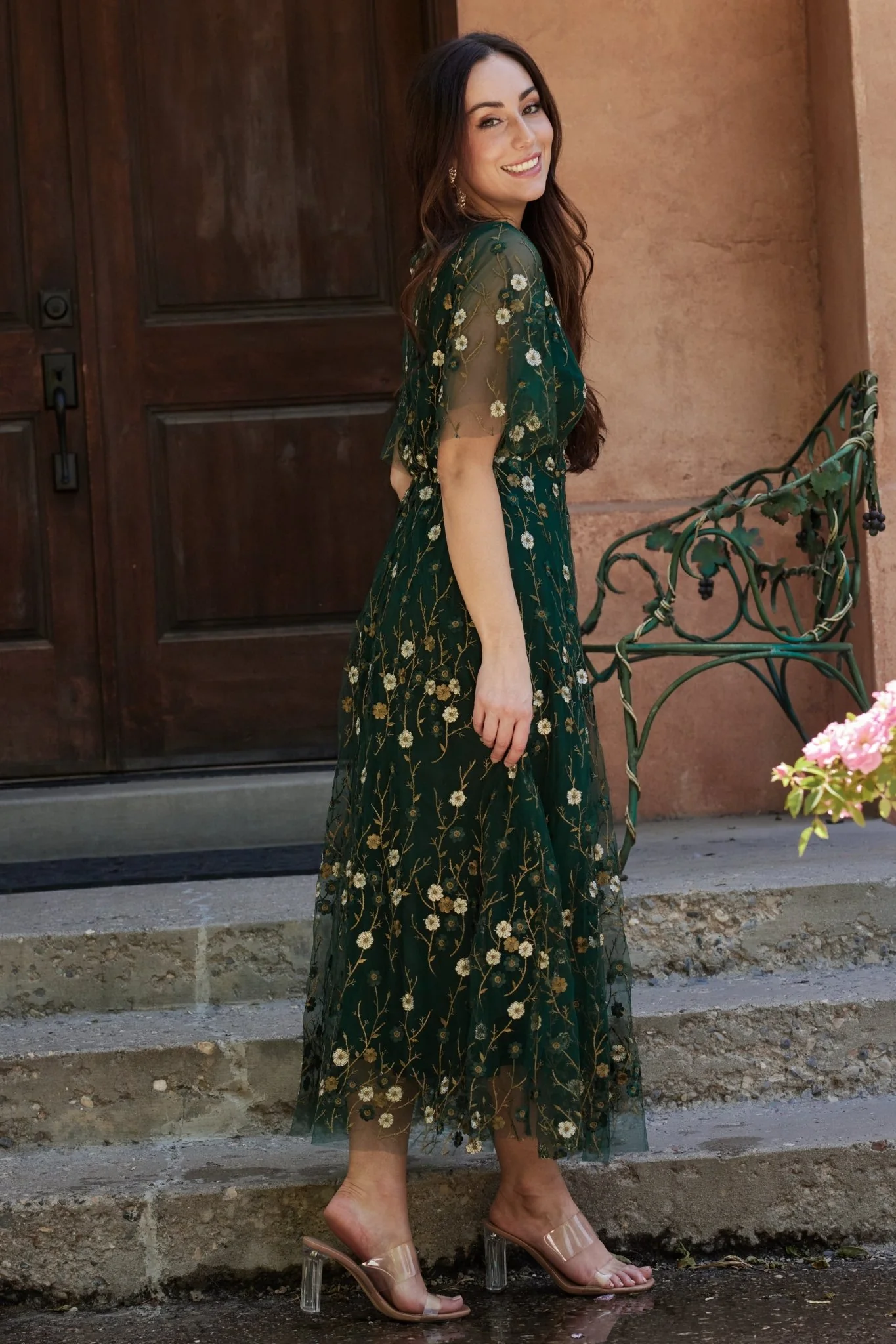 Arabella Embroidered Tulle Maxi Dress | Dark Green Floral - Image 5