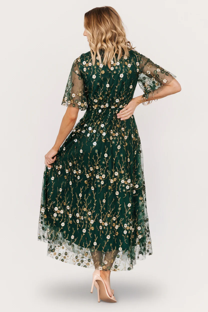 Arabella Embroidered Tulle Maxi Dress | Dark Green Floral - Image 6
