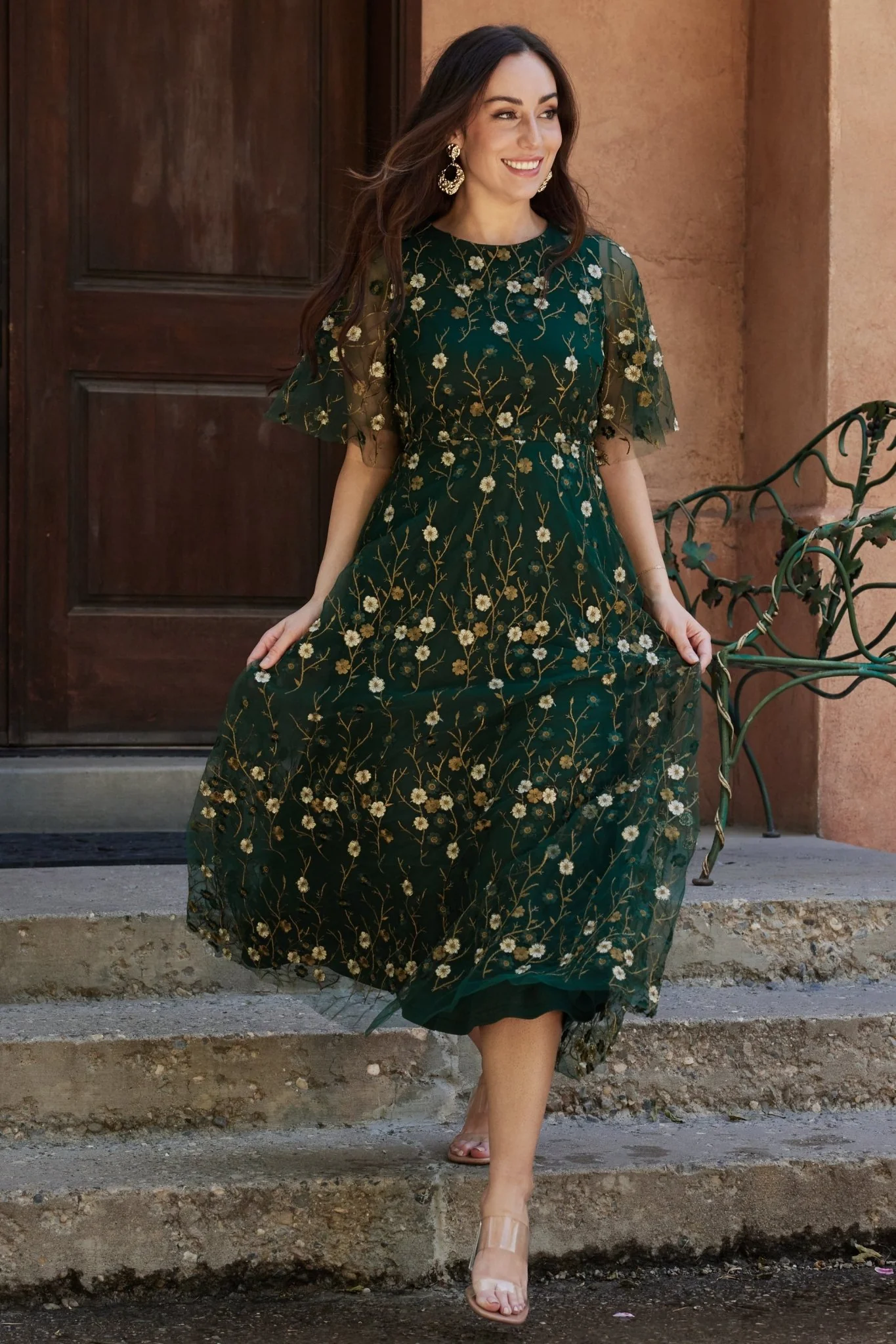 Arabella Embroidered Tulle Maxi Dress | Dark Green Floral - Image 7