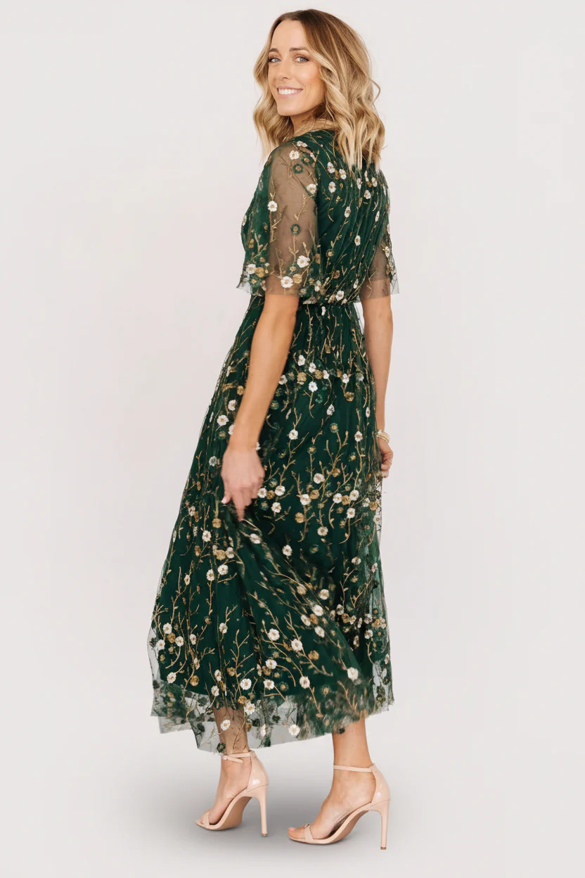 Arabella Embroidered Tulle Maxi Dress | Dark Green Floral - Image 8