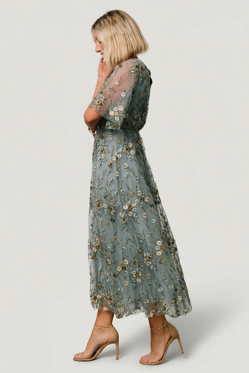 Arabella Embroidered Tulle Maxi Dress | Dusty Blue Floral - Image 5