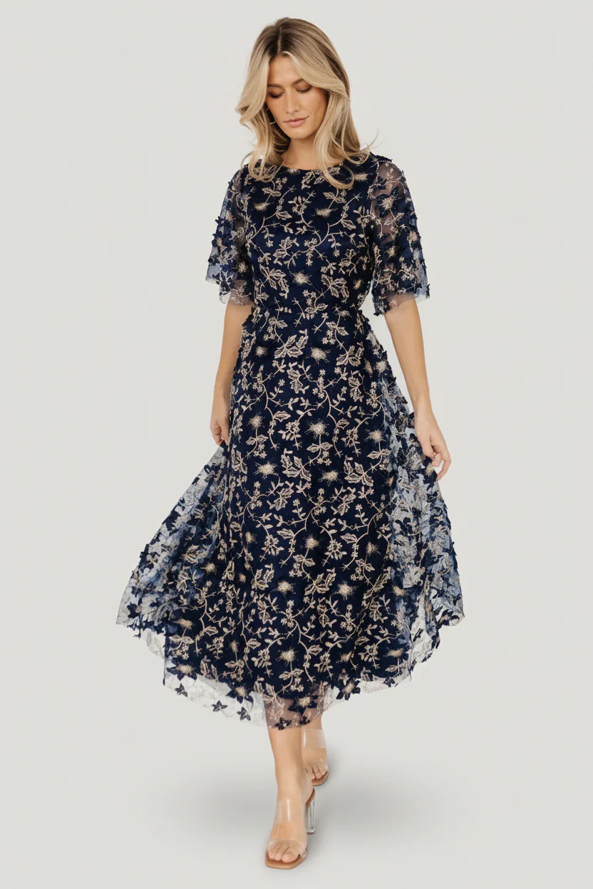 Arabella Embroidered Tulle Maxi Dress | Navy + Gold - Image 11
