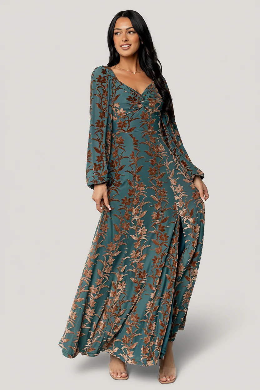 Aurora Velvet Maxi Dress | Jade + Bronze Floral - Image 2