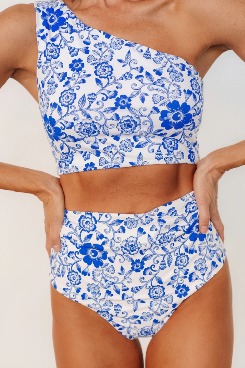 Bali High Rise Bikini Bottom | White + Cobalt Floral - Image 3