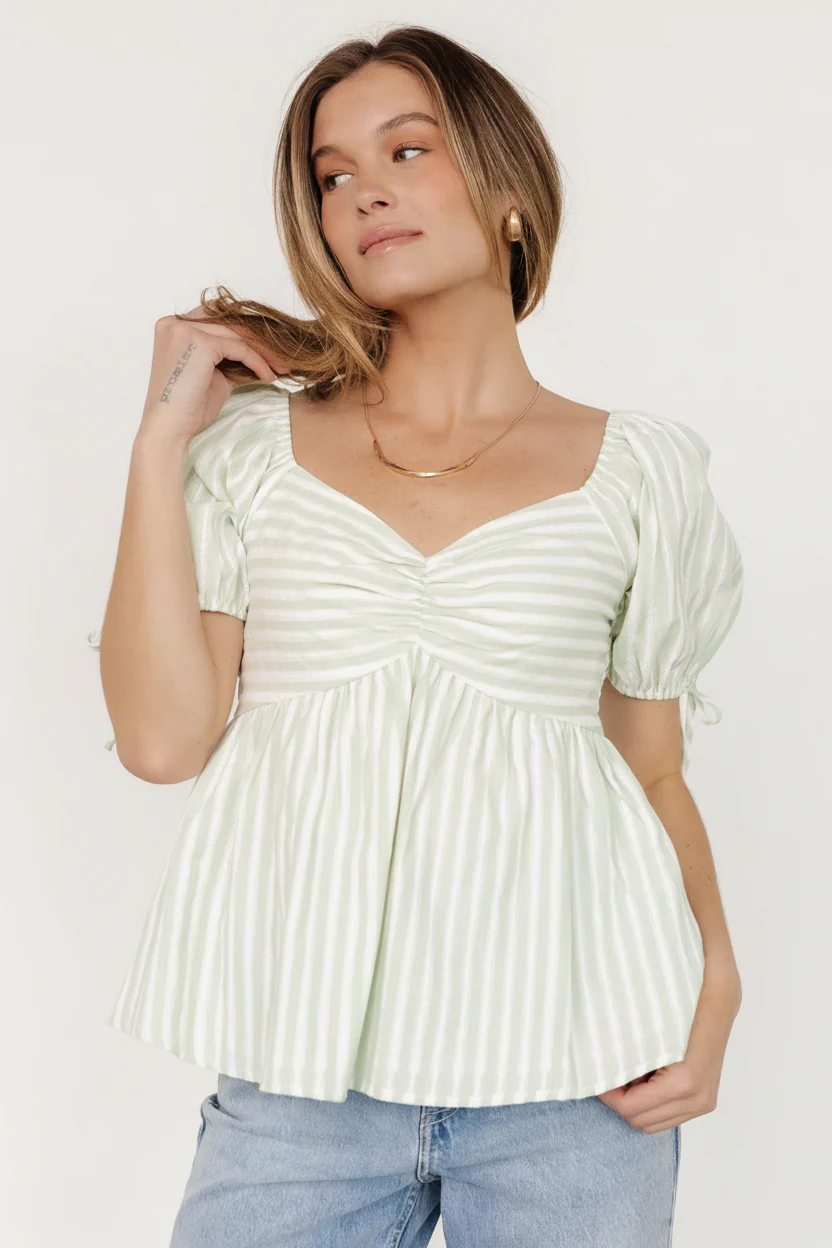 Betsy Peplum Top | Green+ White Stripe - Image 2
