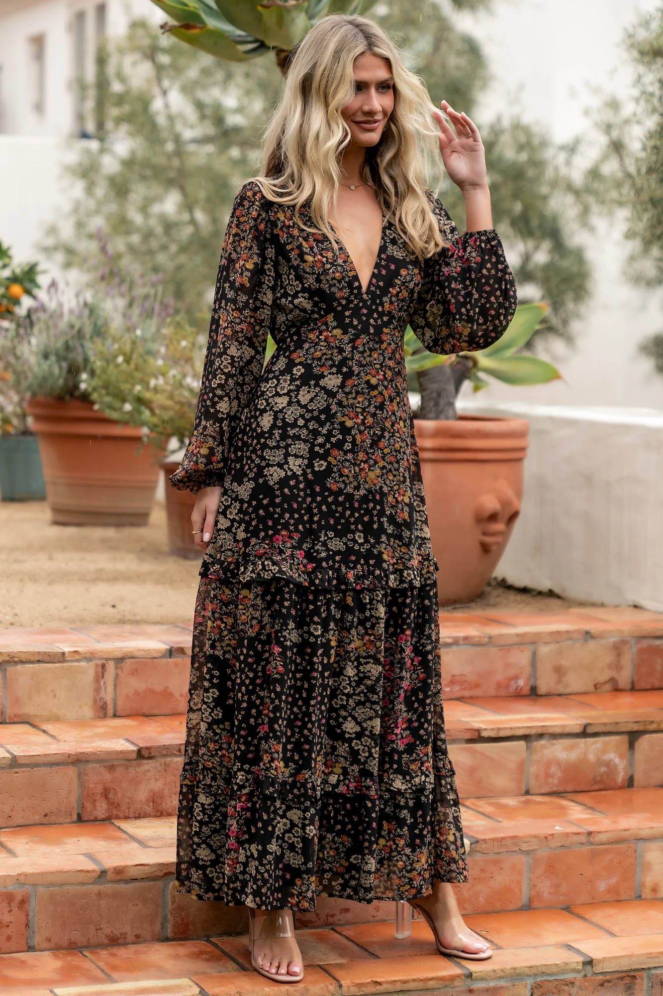 Bowman Deep V Maxi Dress | Black Multi - Image 5