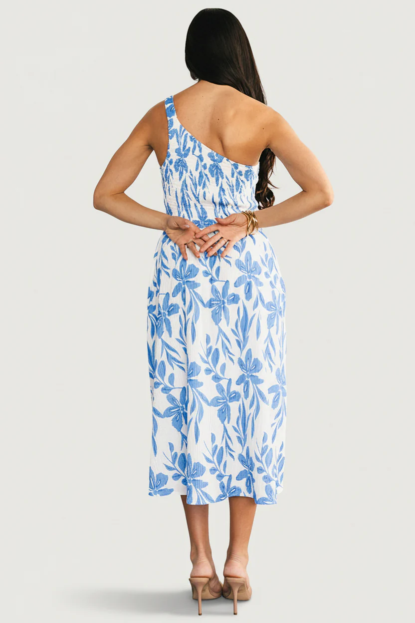 Brisa One Shoulder Midi Dress | White + Blue - Image 5
