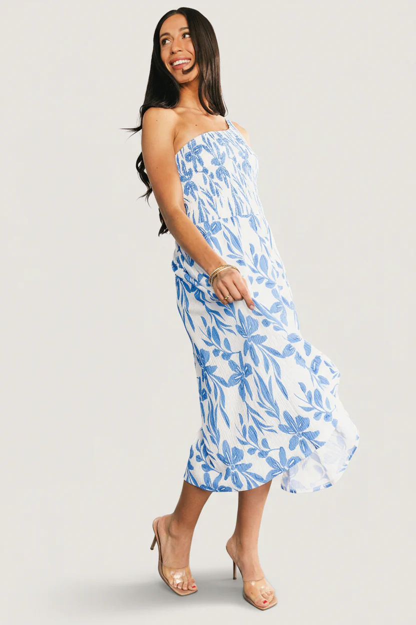 Brisa One Shoulder Midi Dress | White + Blue - Image 7