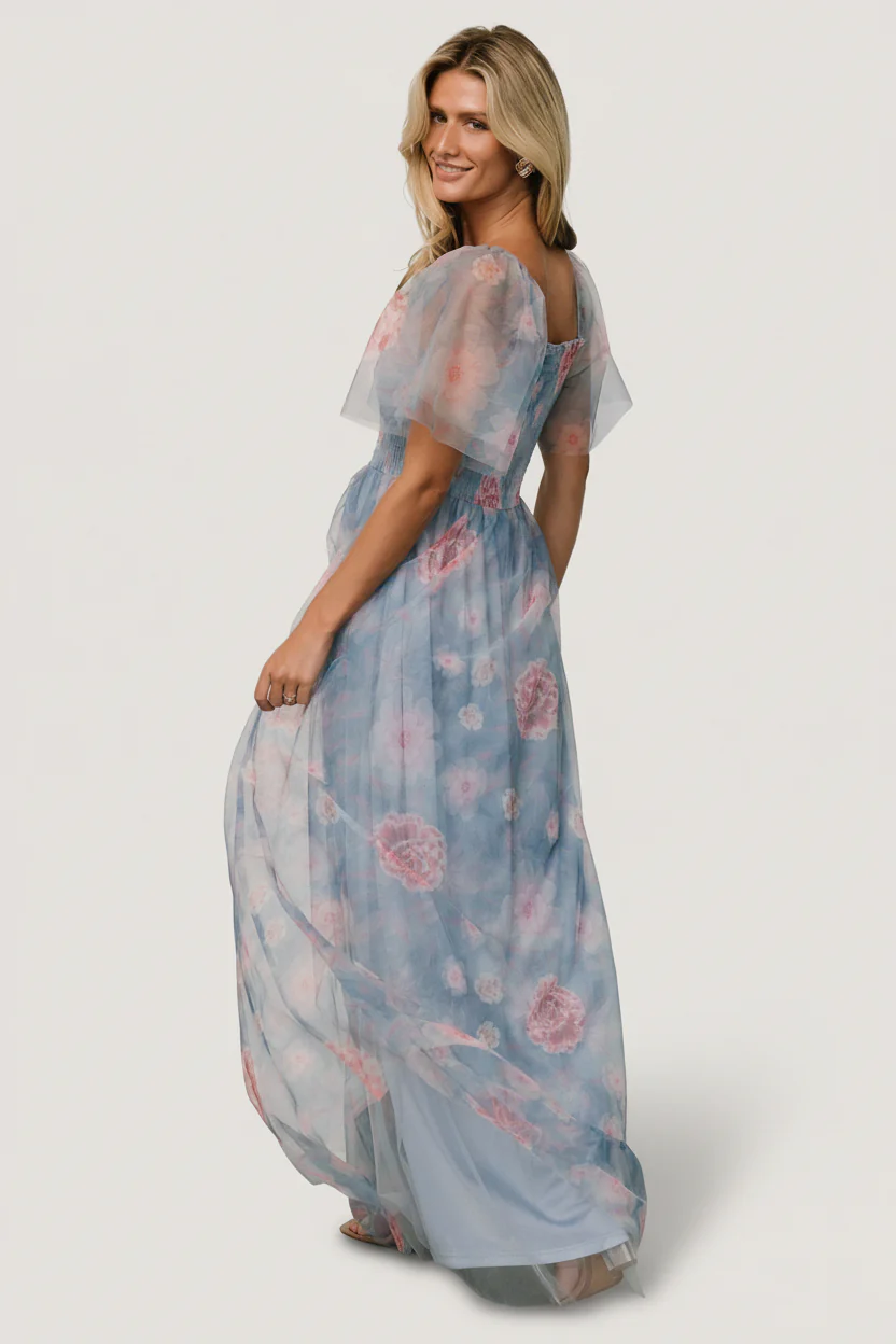 Cassandra Tulle Maxi Dress | Light Blue + Pink Floral - Image 3