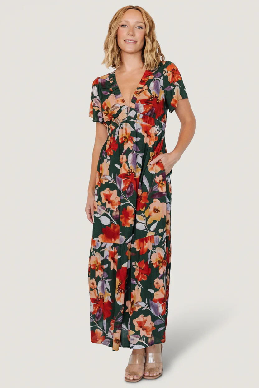 Cassie Short Sleeve Dress | Dark Green Floral - Image 4
