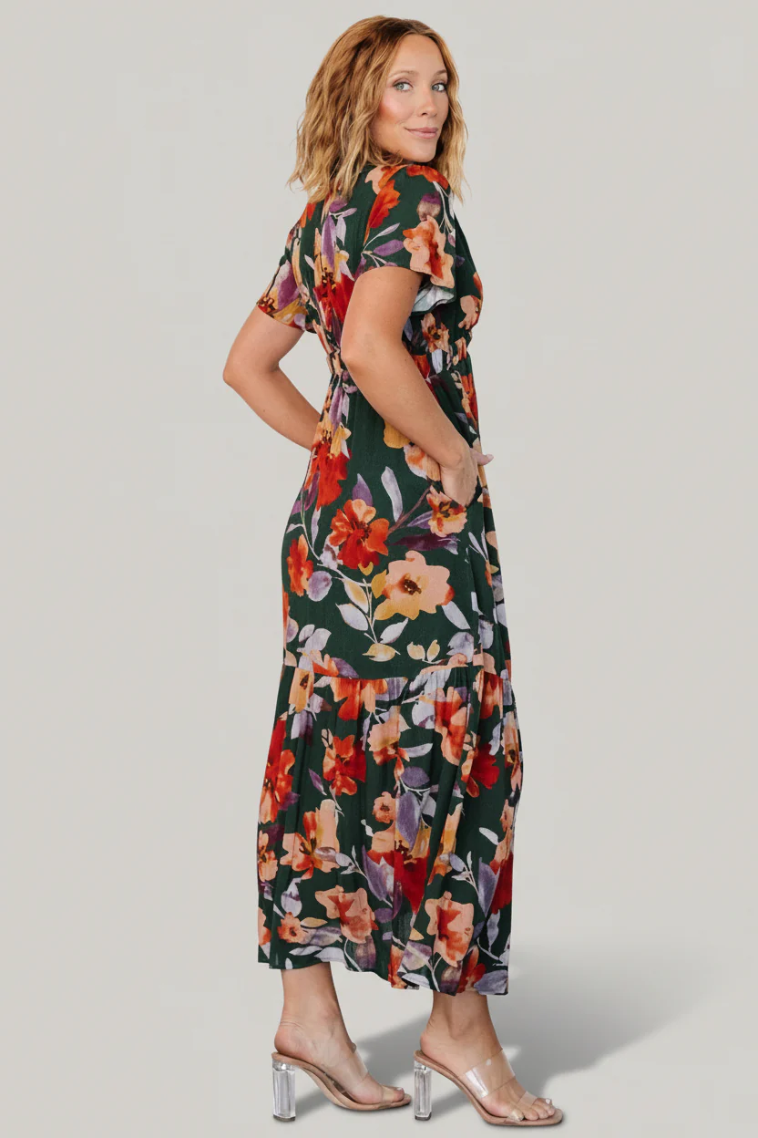 Cassie Short Sleeve Dress | Dark Green Floral - Image 6