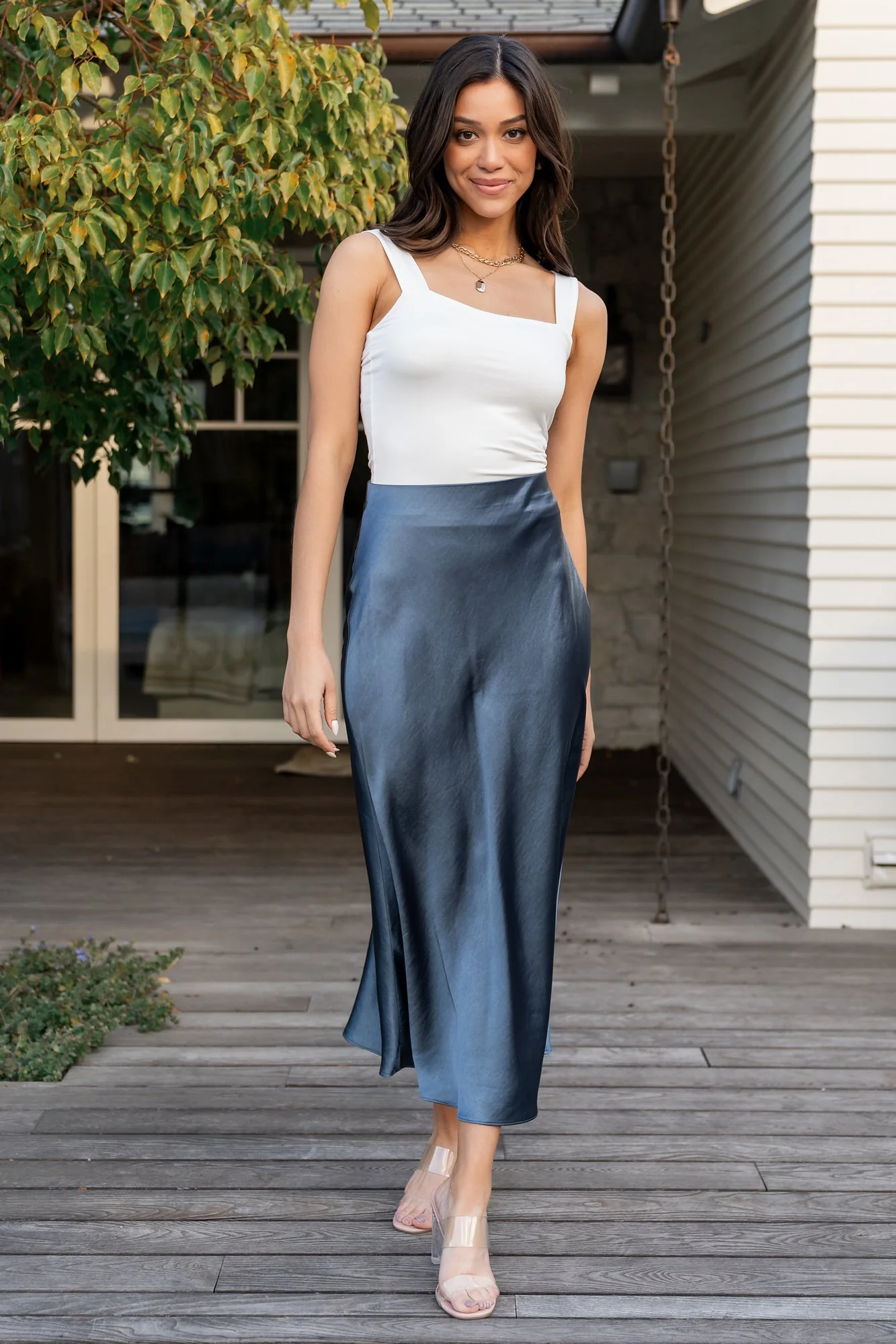 Celeste Satin Midi Skirt | Steel Blue - Image 3