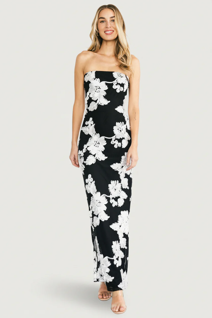Chantelle Strapless Maxi Dress | Black + White Floral - Image 2