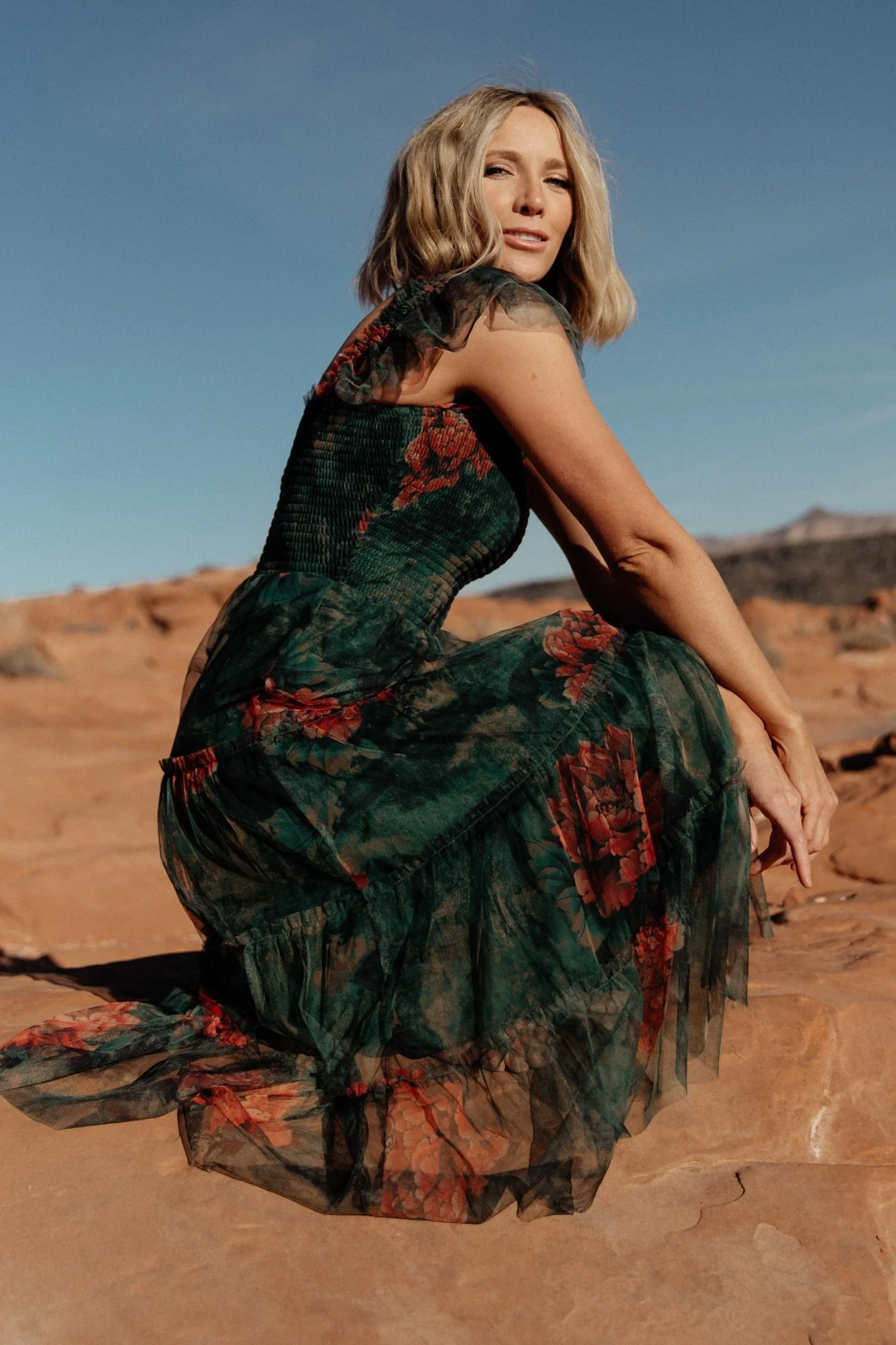 Clementine Tulle Midi Dress | Dark Green Floral - Image 3