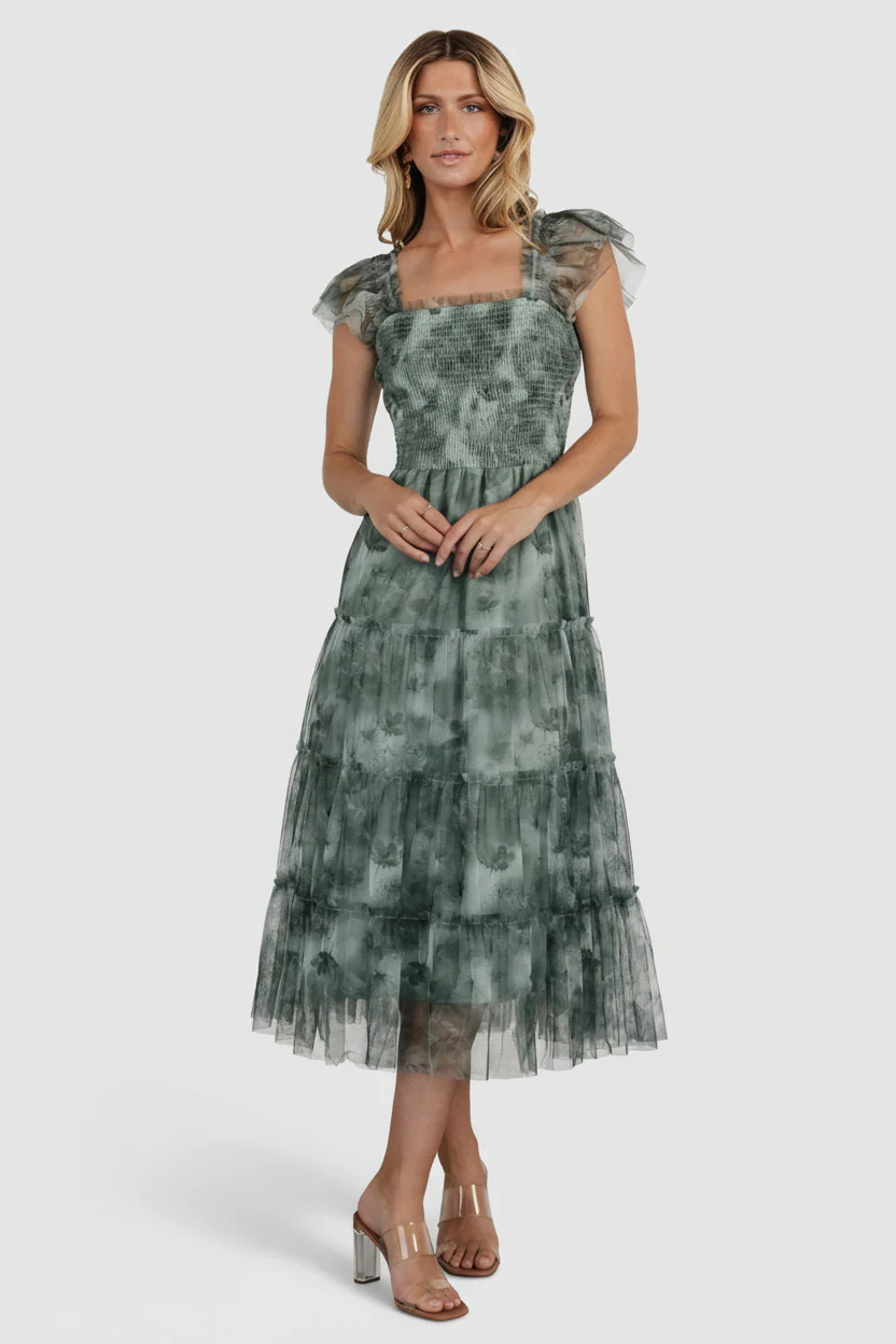 Clementine Tulle Midi Dress | Dusty Green Print - Image 2