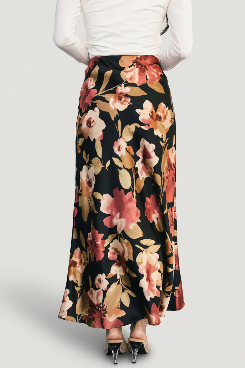 Cosette Satin Midi Skirt | Black Floral - Image 5