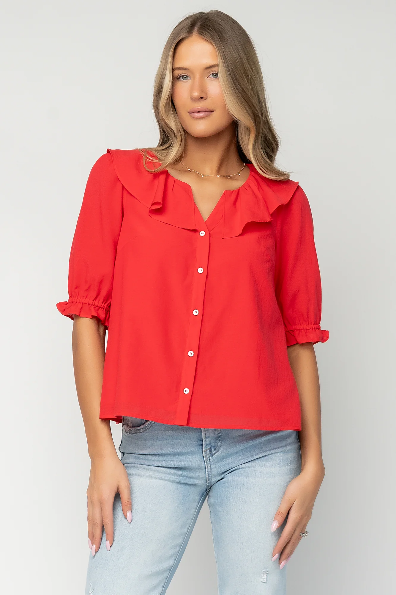 Daisy Ruffle Button Up Top | Red
