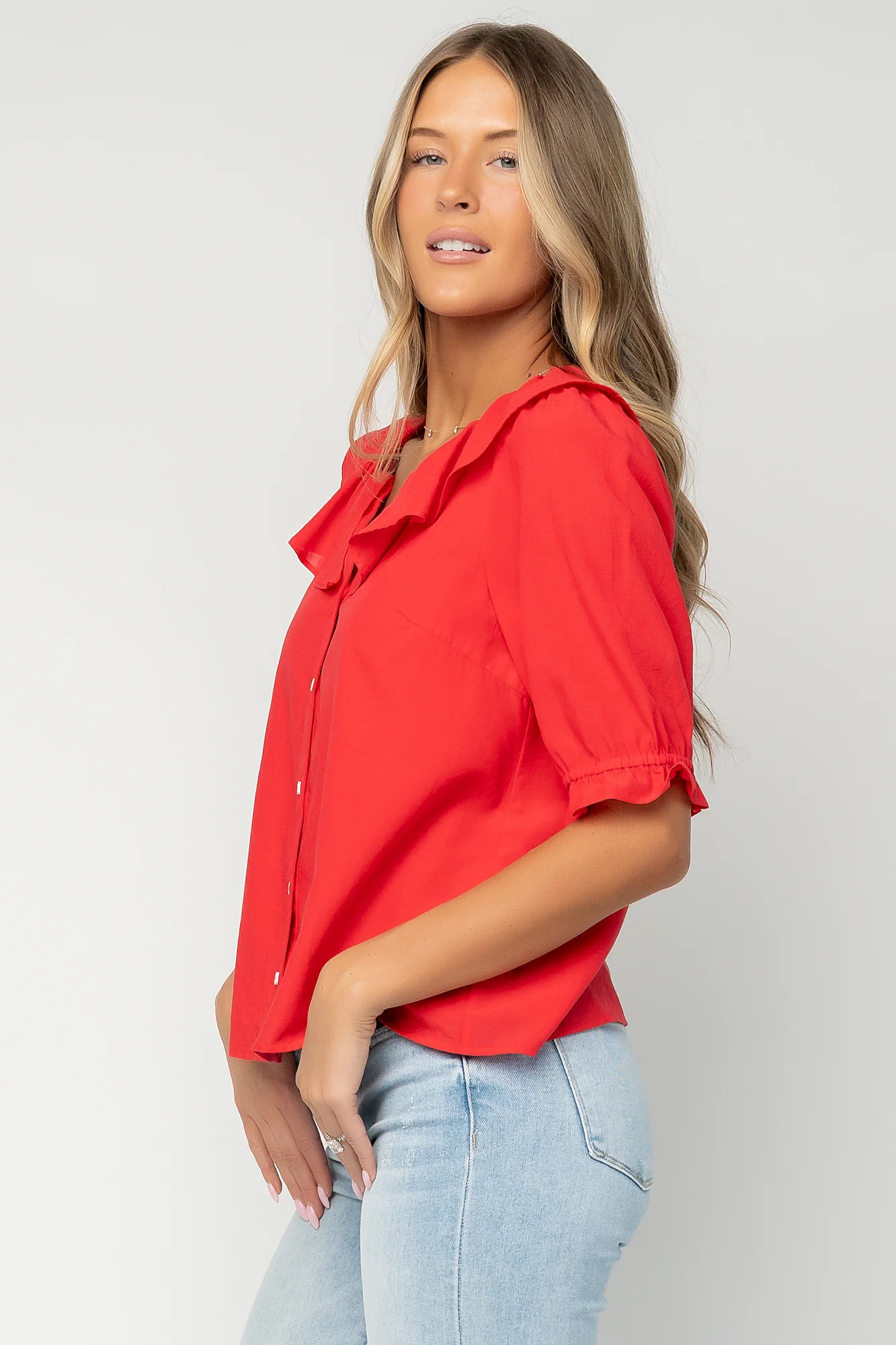Daisy Ruffle Button Up Top | Red - Image 2