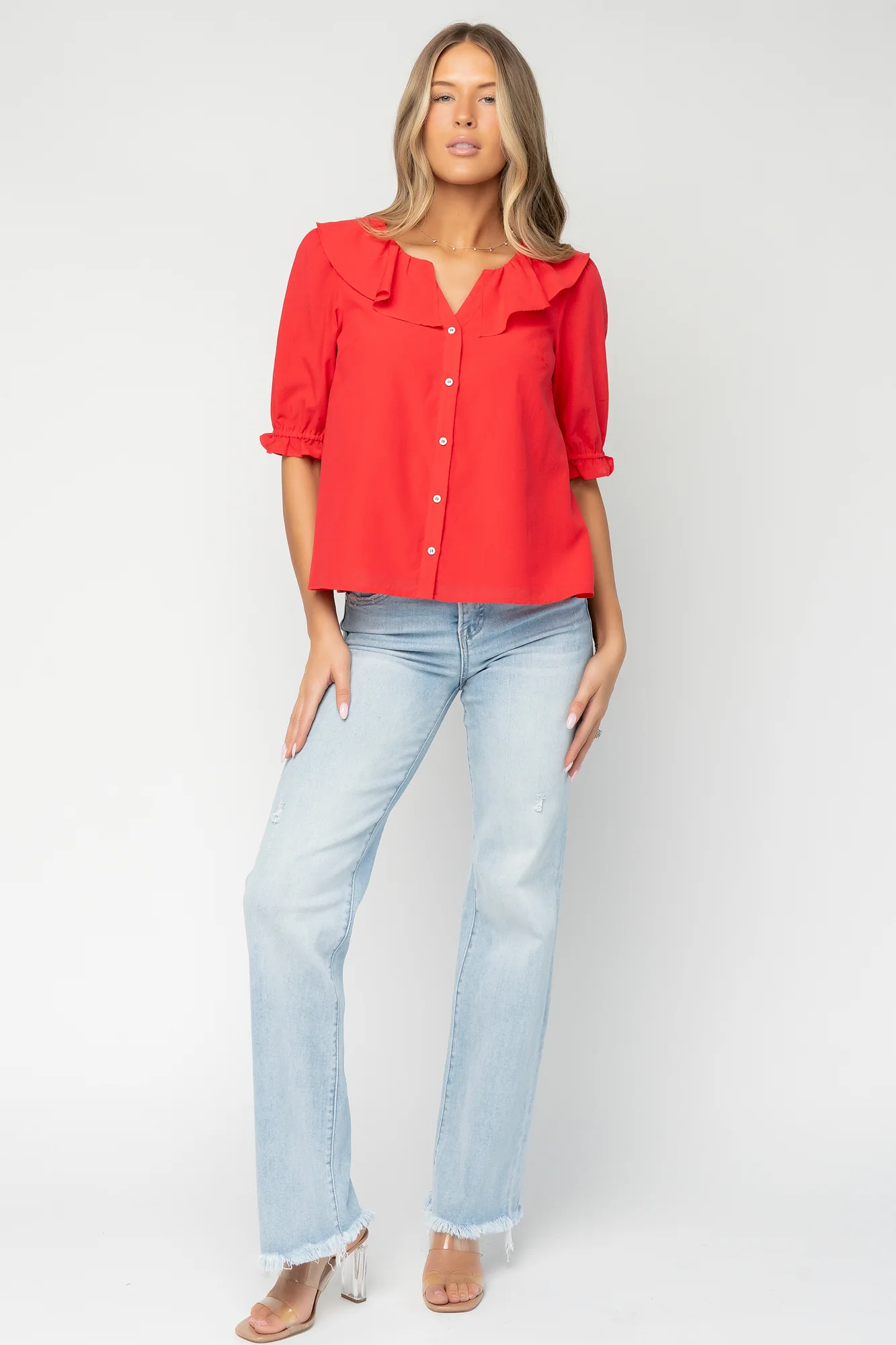 Daisy Ruffle Button Up Top | Red - Image 3