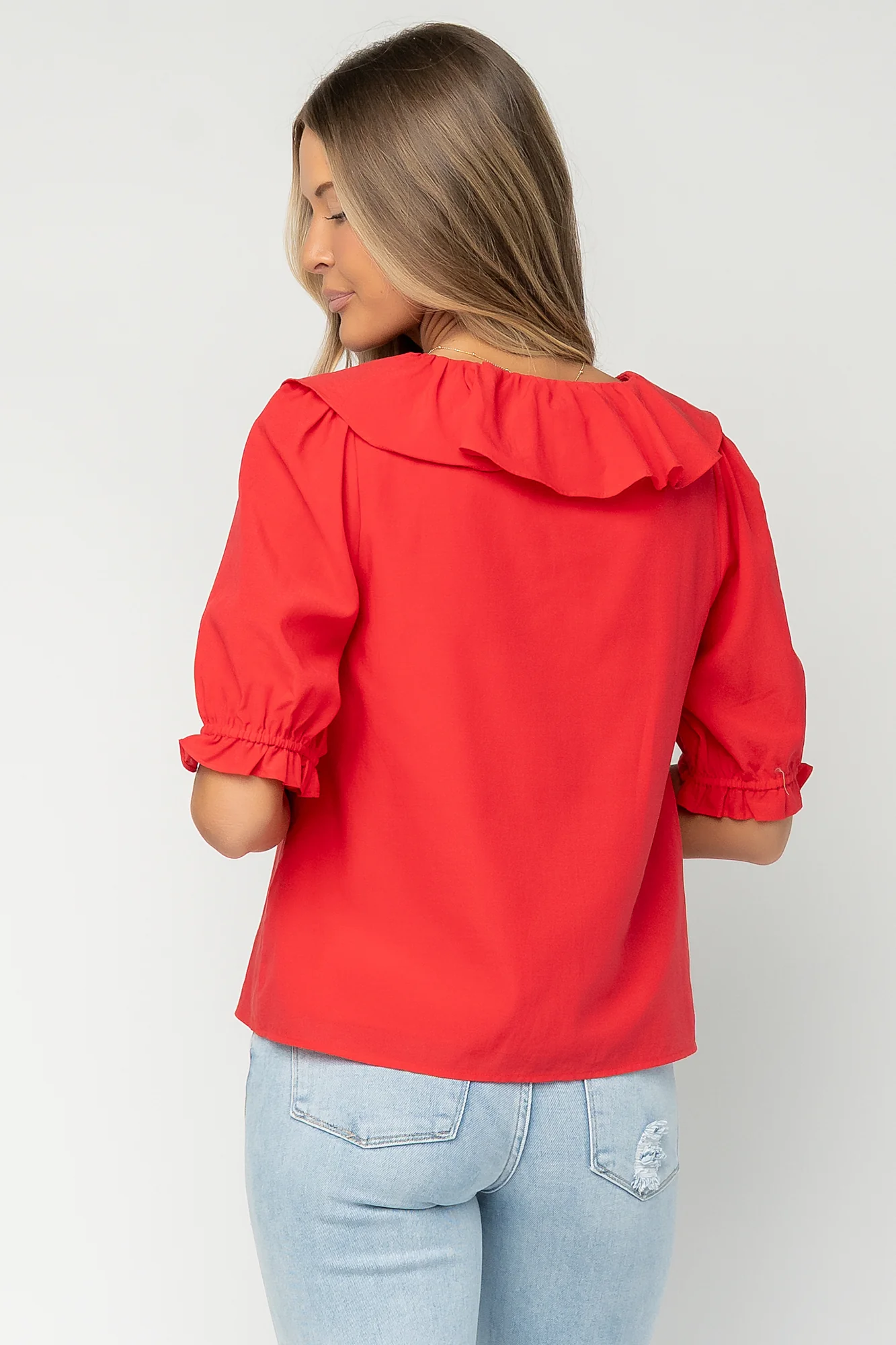 Daisy Ruffle Button Up Top | Red - Image 4