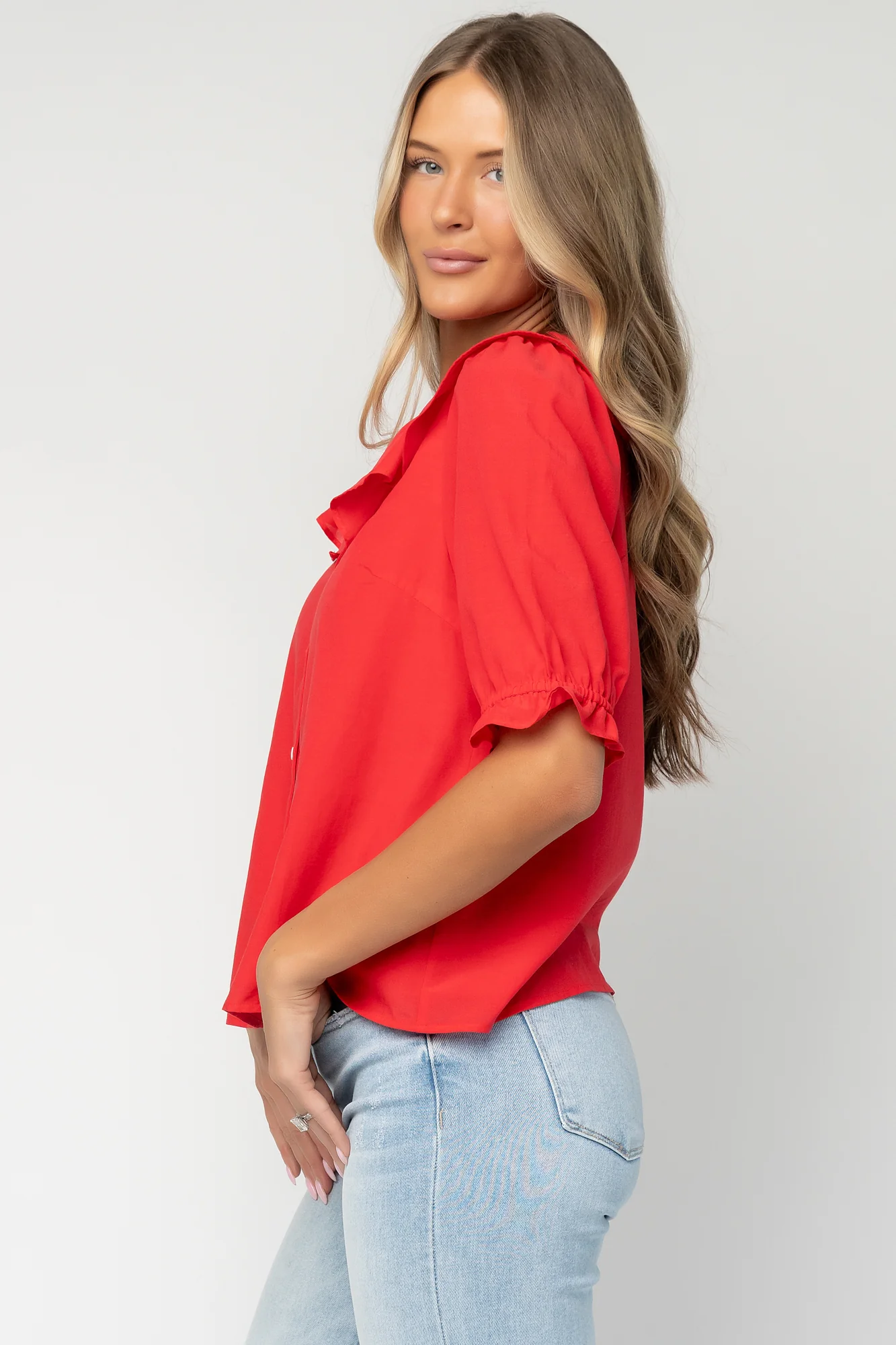 Daisy Ruffle Button Up Top | Red - Image 5
