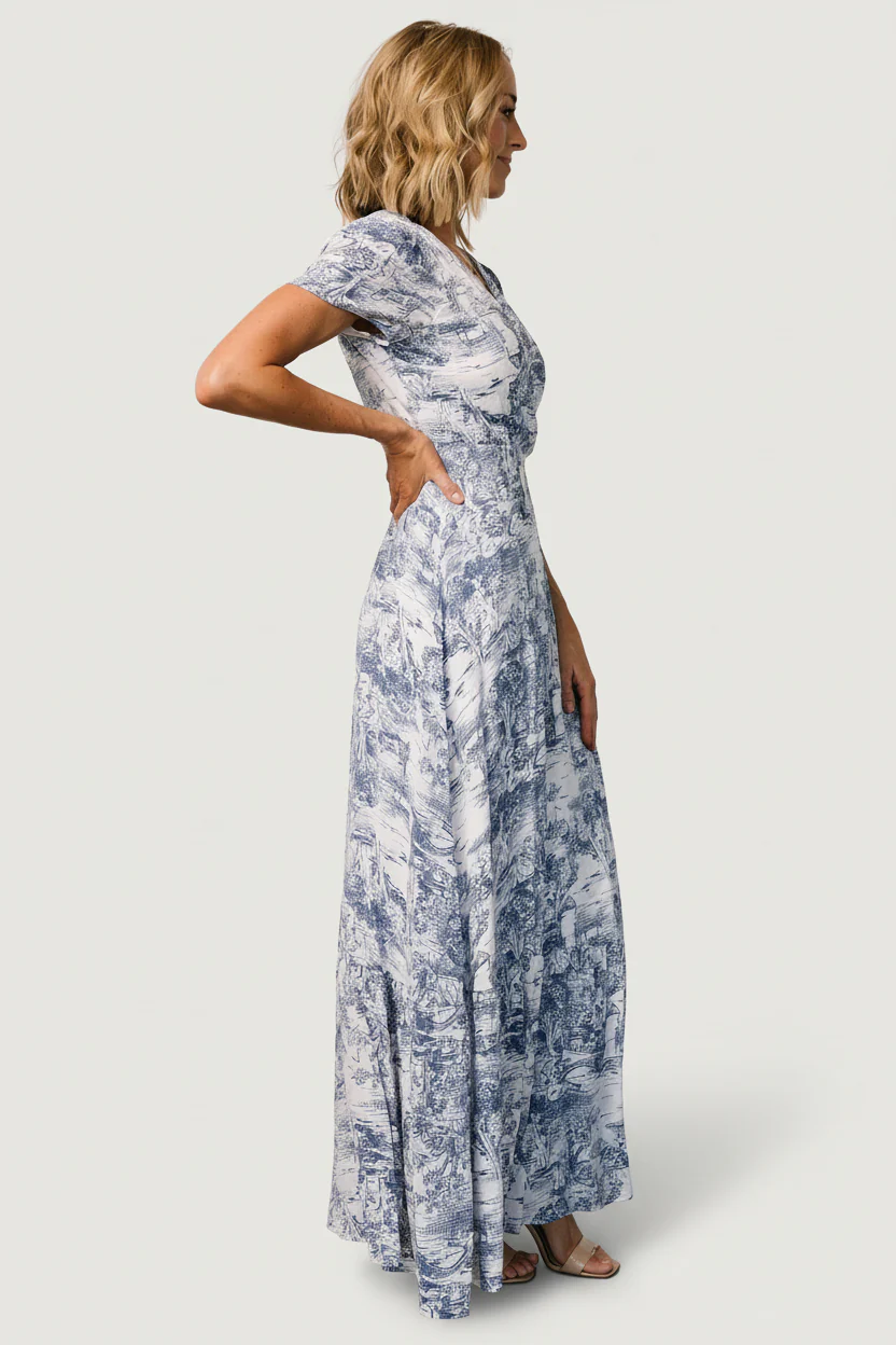 Dulce Wrap Maxi Dress | White + Blue Print - Image 5