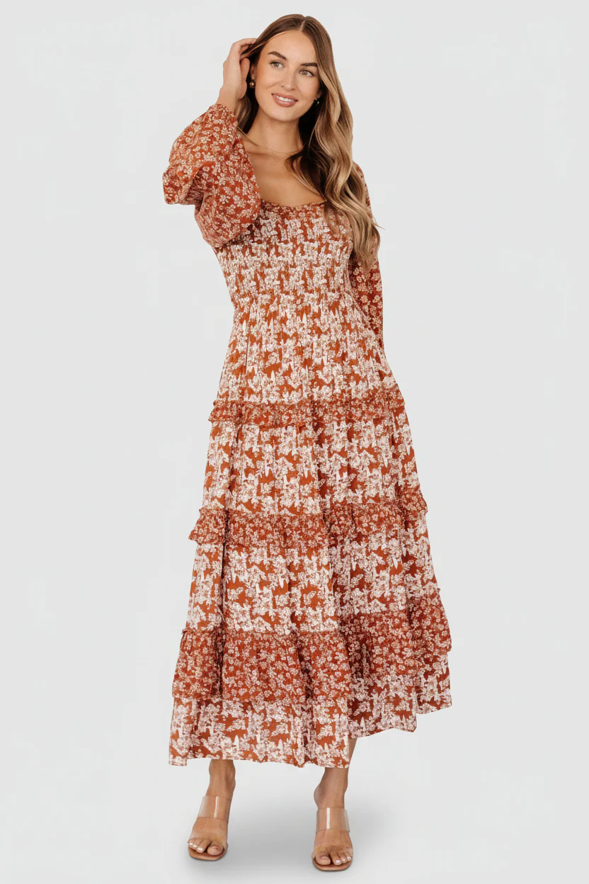 Dynah Tiered Dress | Rust +Cream Floral - Image 4