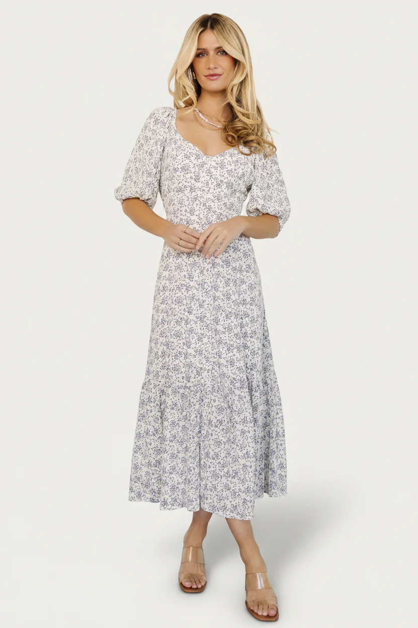 Elisabeth Button Dress | Off White + Blue Floral - Image 2