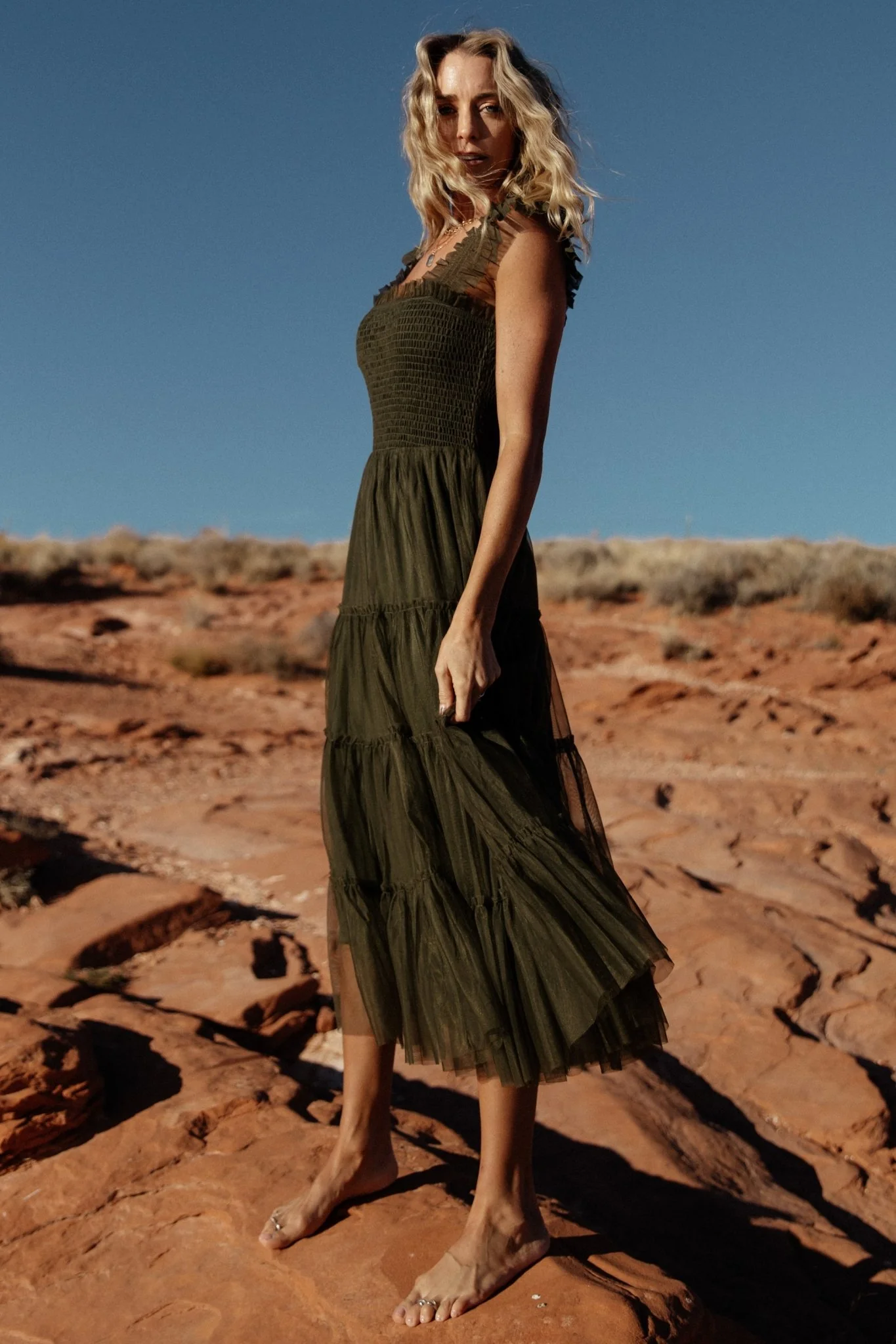 Emma Smocked Tulle Dress | Dark Olive - Image 5