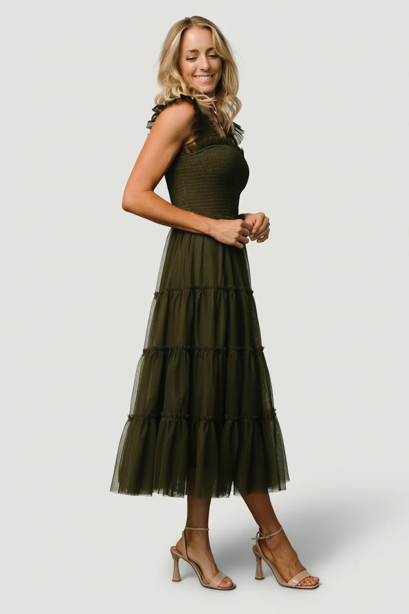 Emma Smocked Tulle Dress | Dark Olive - Image 6