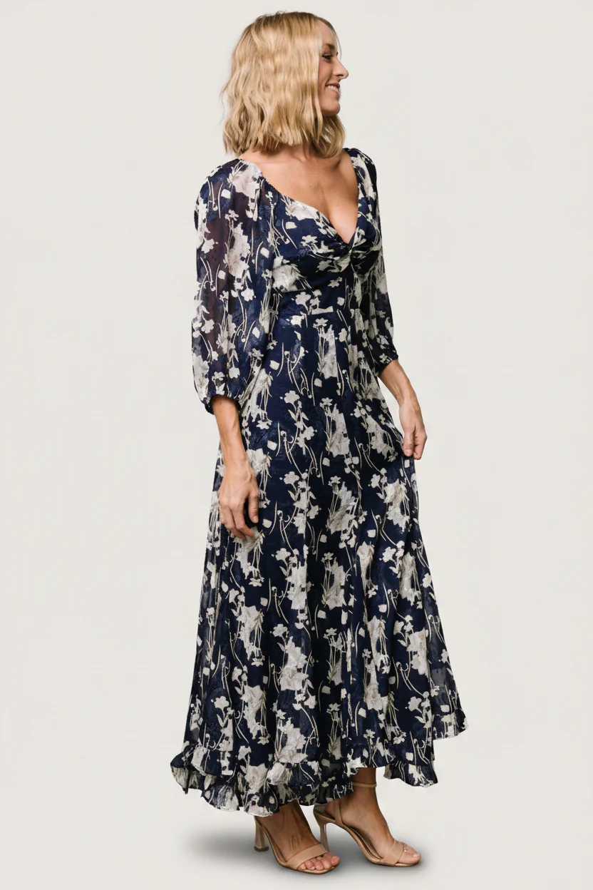 Estefania Maxi Dress | Navy + Off White Floral - Image 3