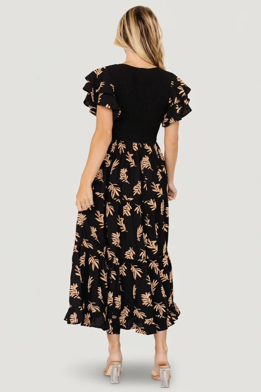 Estelle Smocked Midi Dress | Black + Tan Print - Image 4