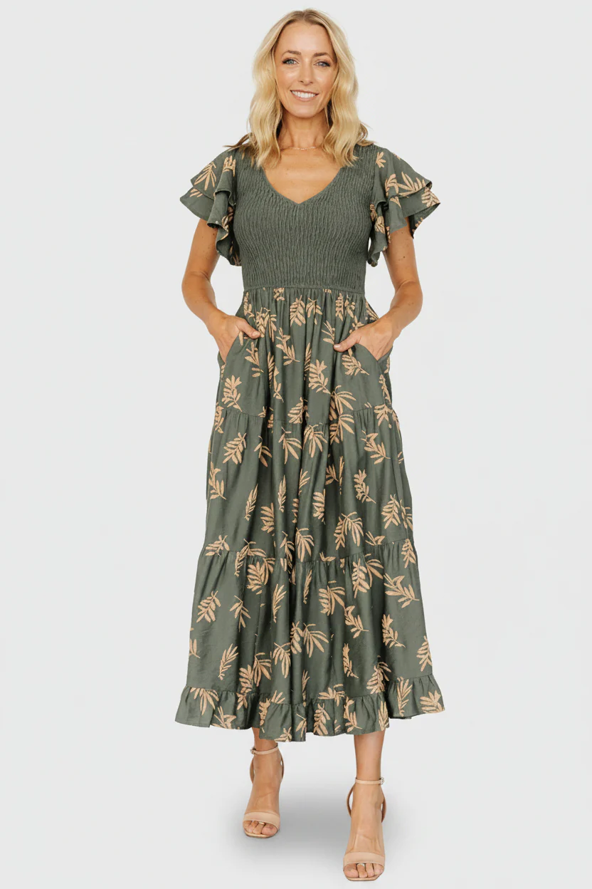 Estelle Smocked Midi Dress | Green + Tan Print - Image 2