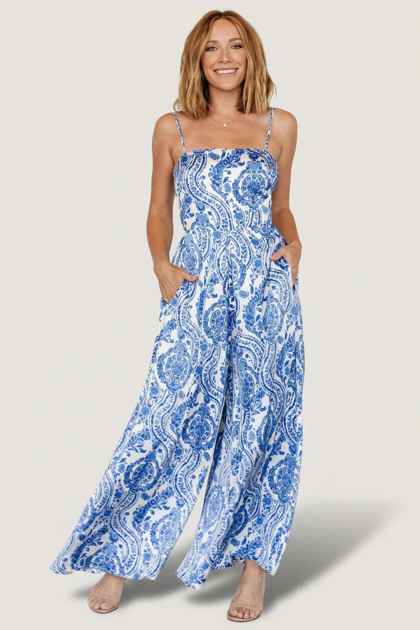 Evia Jumpsuit | Blue + White Print - Image 2