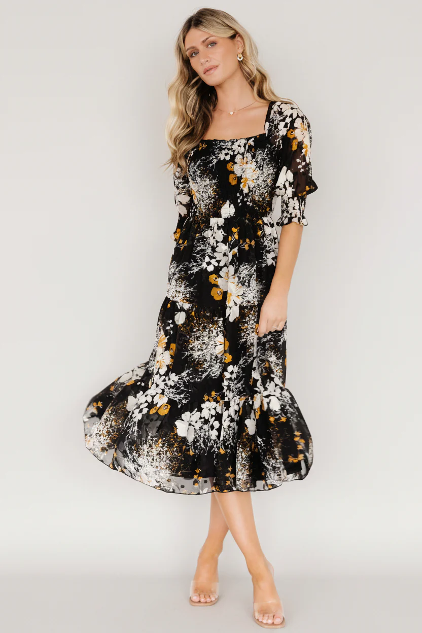 Fabian Jacquard Midi Dress | Black Floral