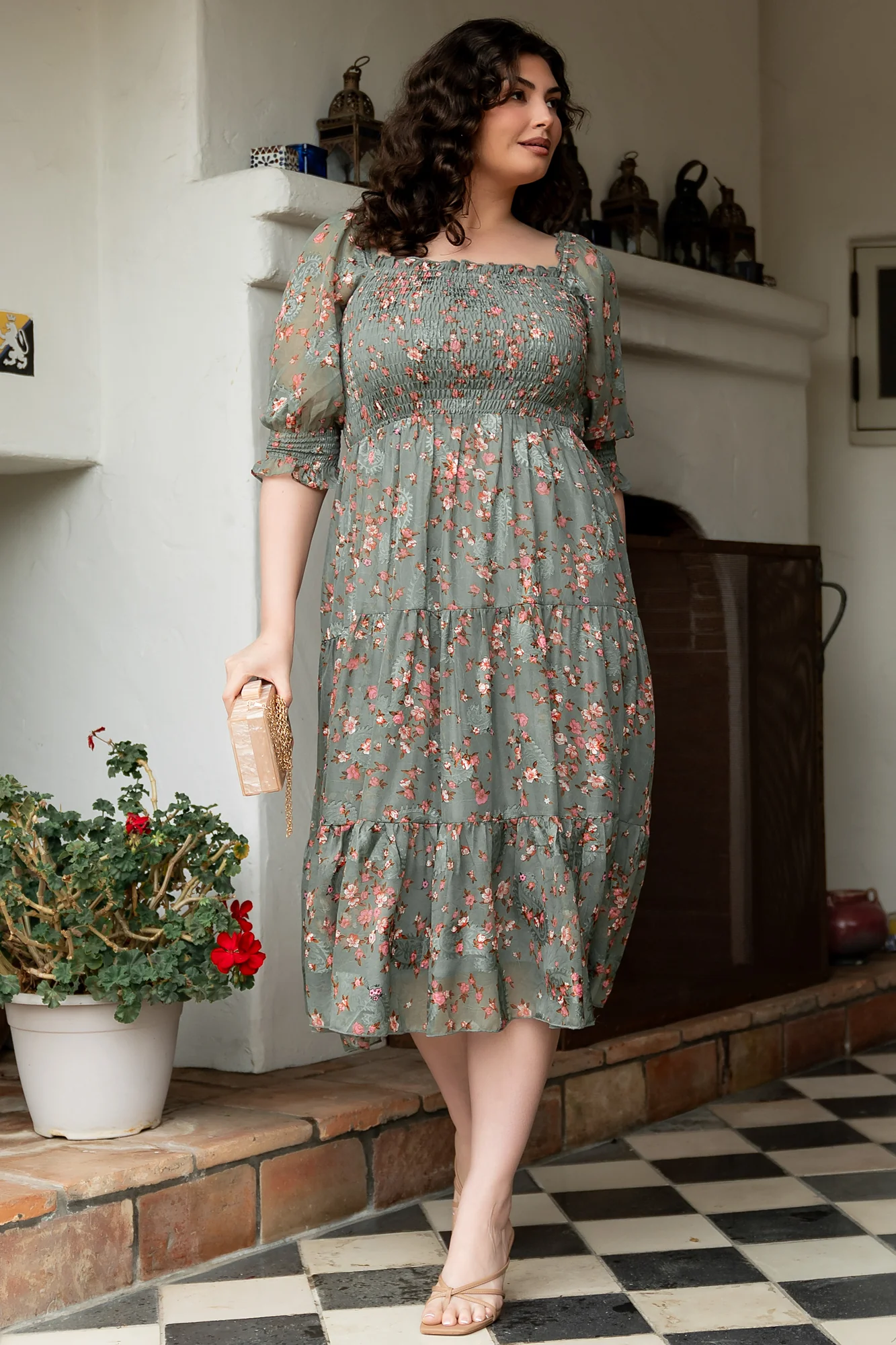 Fabian Jacquard Midi Dress | Eucalyptus + Pink - Image 3
