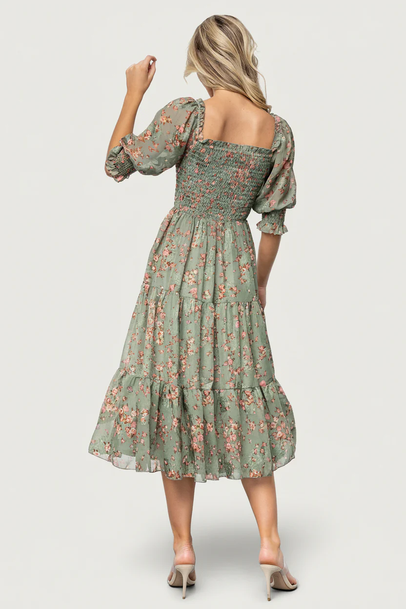 Fabian Jacquard Midi Dress | Eucalyptus + Pink - Image 4