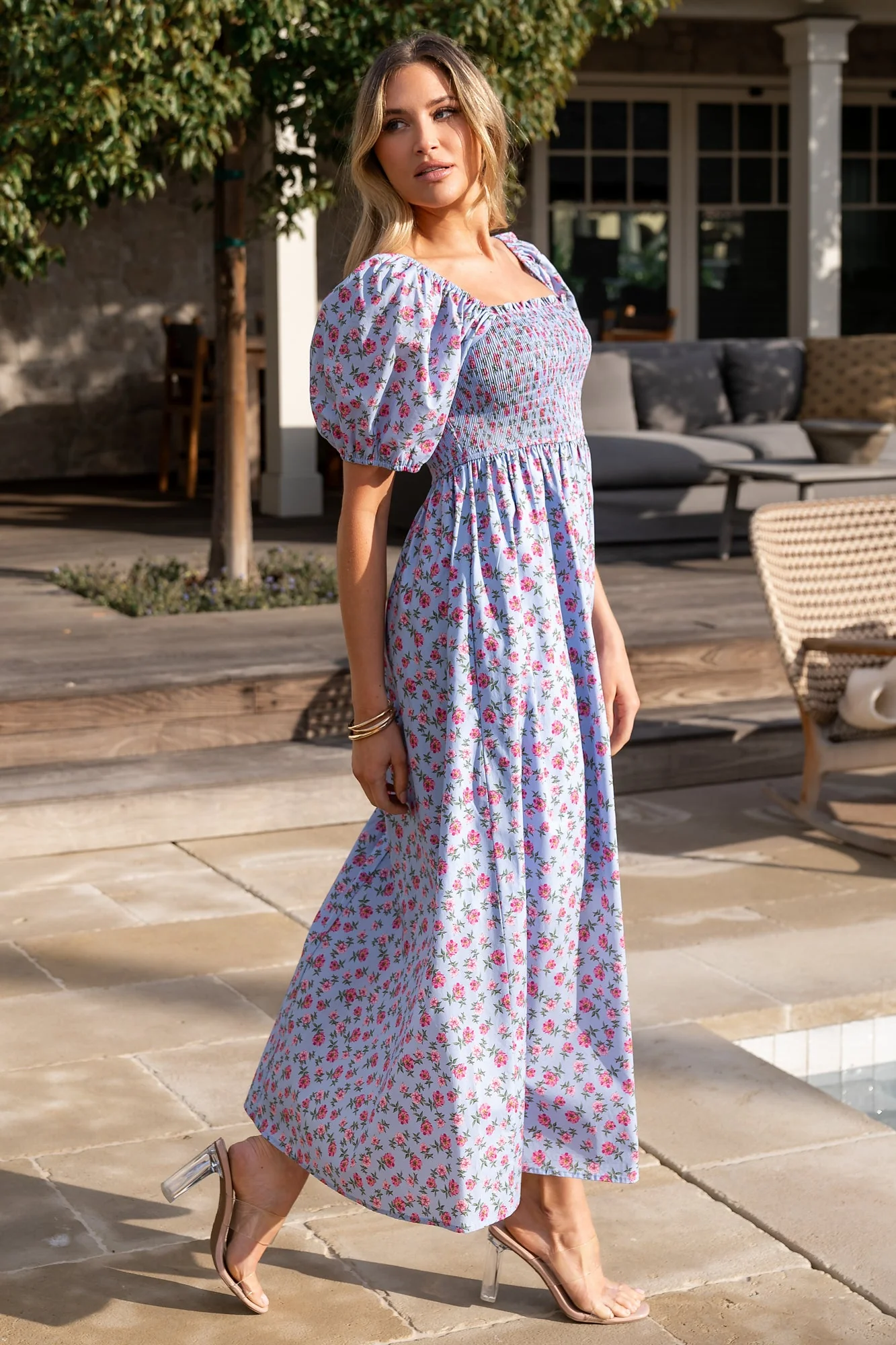 Haddie Smocked Midi Dress | Light Blue + Rose Floral - Image 3