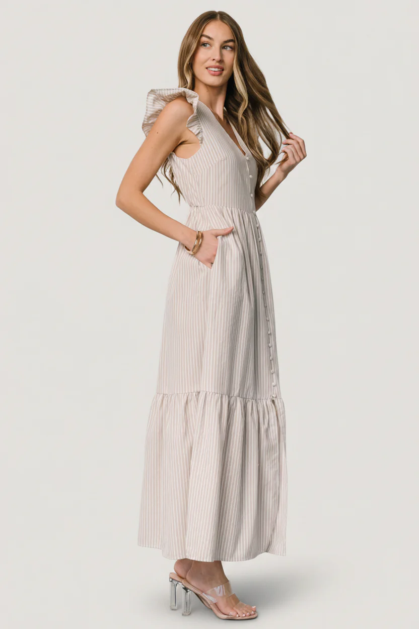 Hettie Button Maxi Dress | Beige Stripe - Image 6