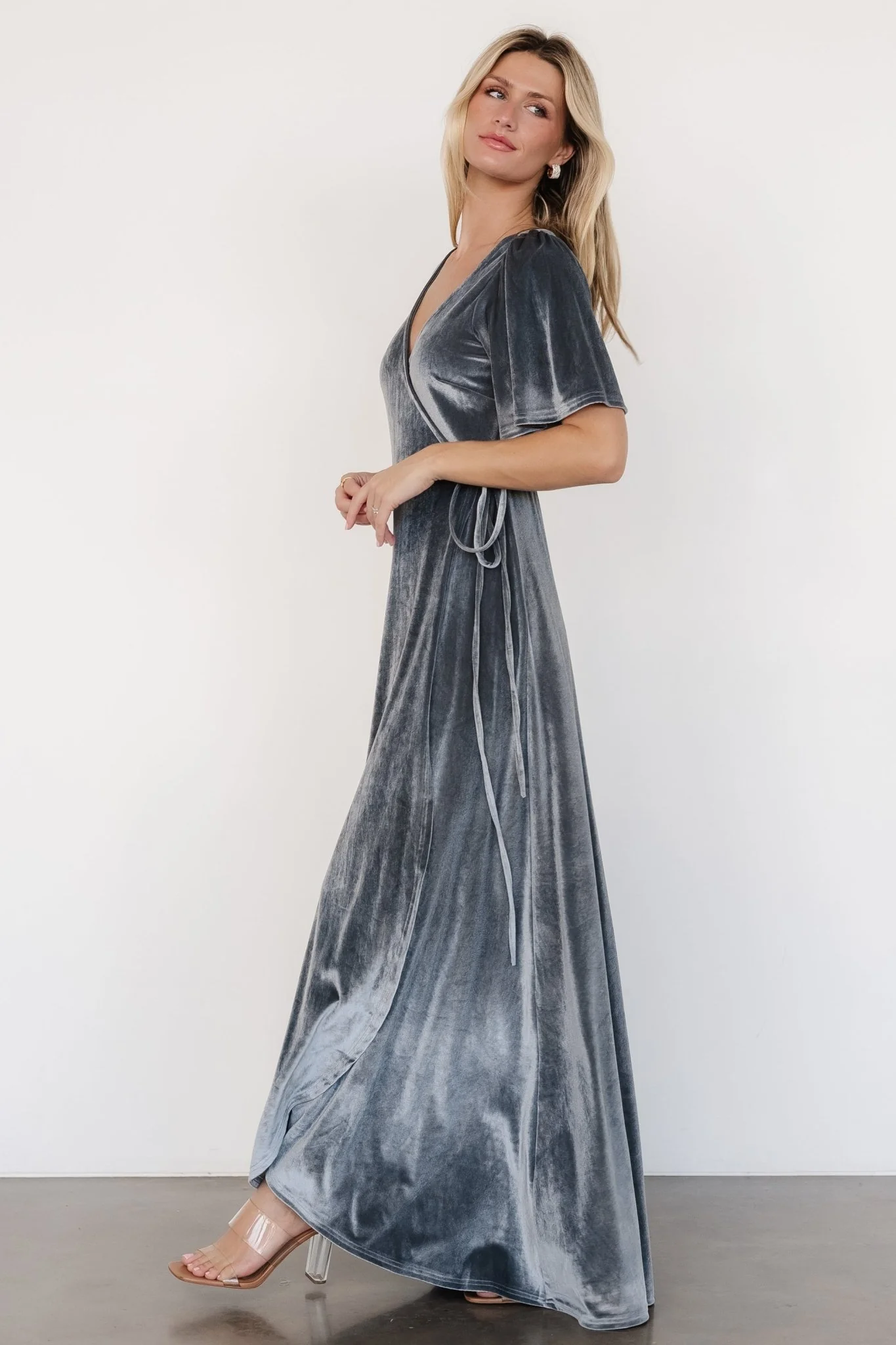 Katelyn Velvet Maxi Wrap Dress | Dusty Blue - Image 4