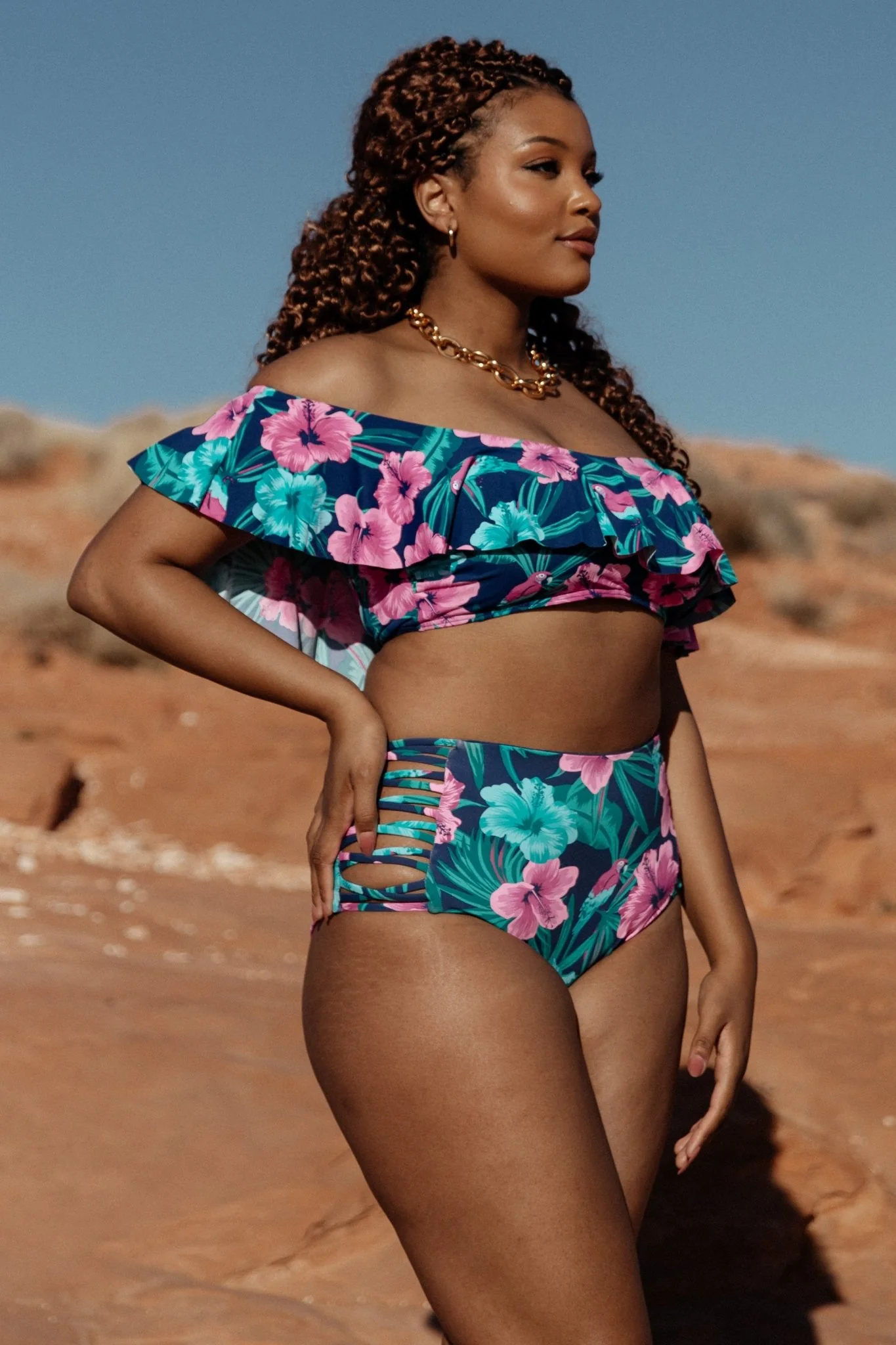Keke High Waisted Bikini Bottom | Navy Tropical Floral - Image 4