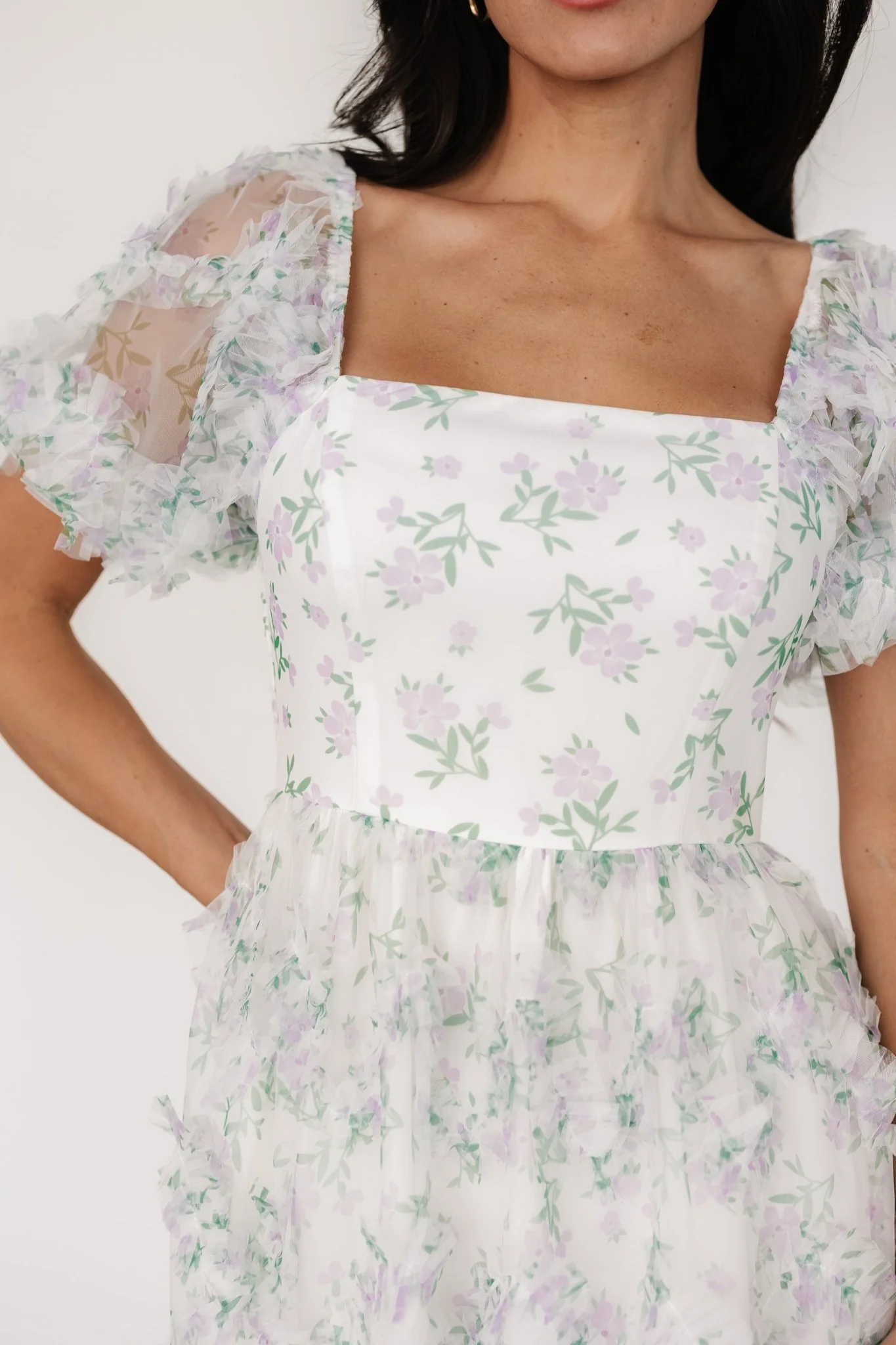 Kiera Ruffle Dress | Off White + Lavender - Image 2