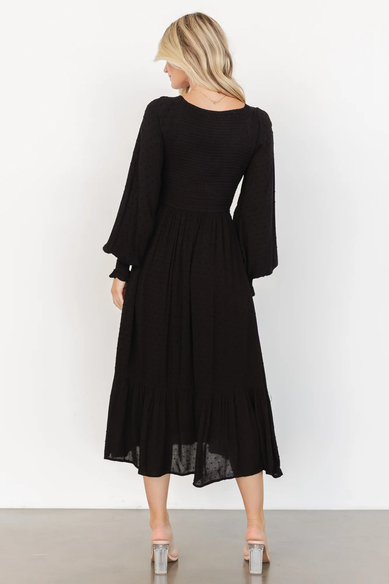 Lainey Smocked Dotted Midi Dress | Black - Image 4