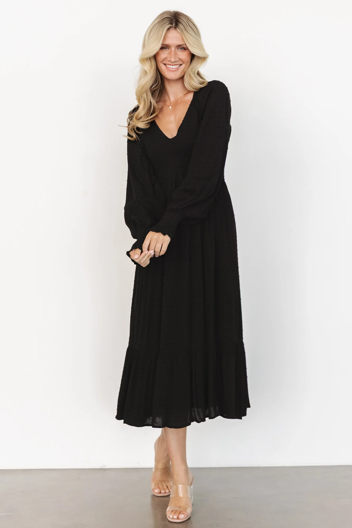 Lainey Smocked Dotted Midi Dress | Black - Image 6