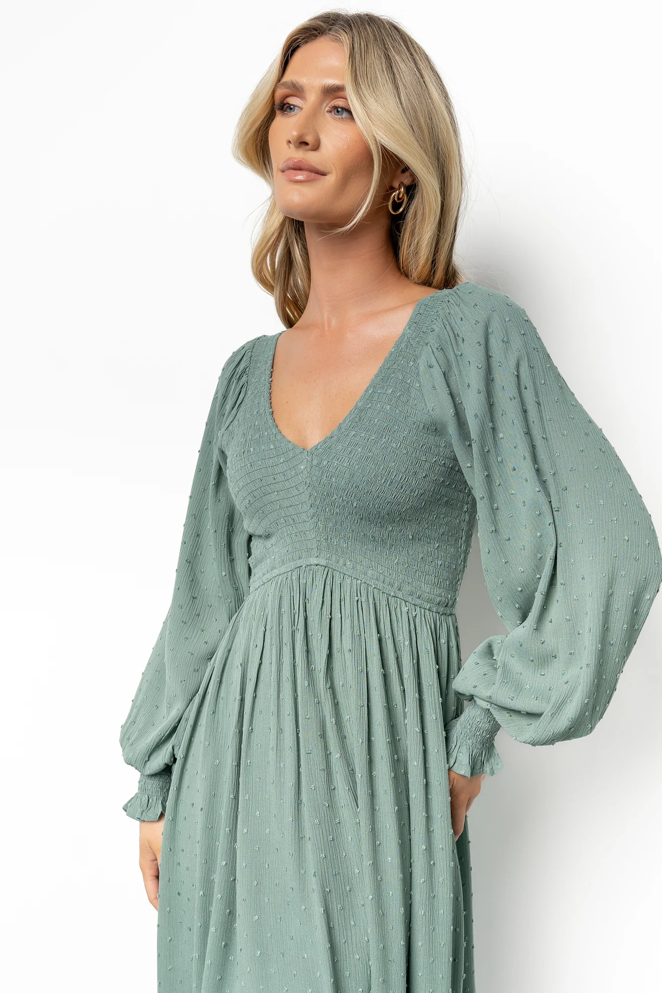 Lainey Smocked Dotted Midi Dress | Dark Sage - Image 3