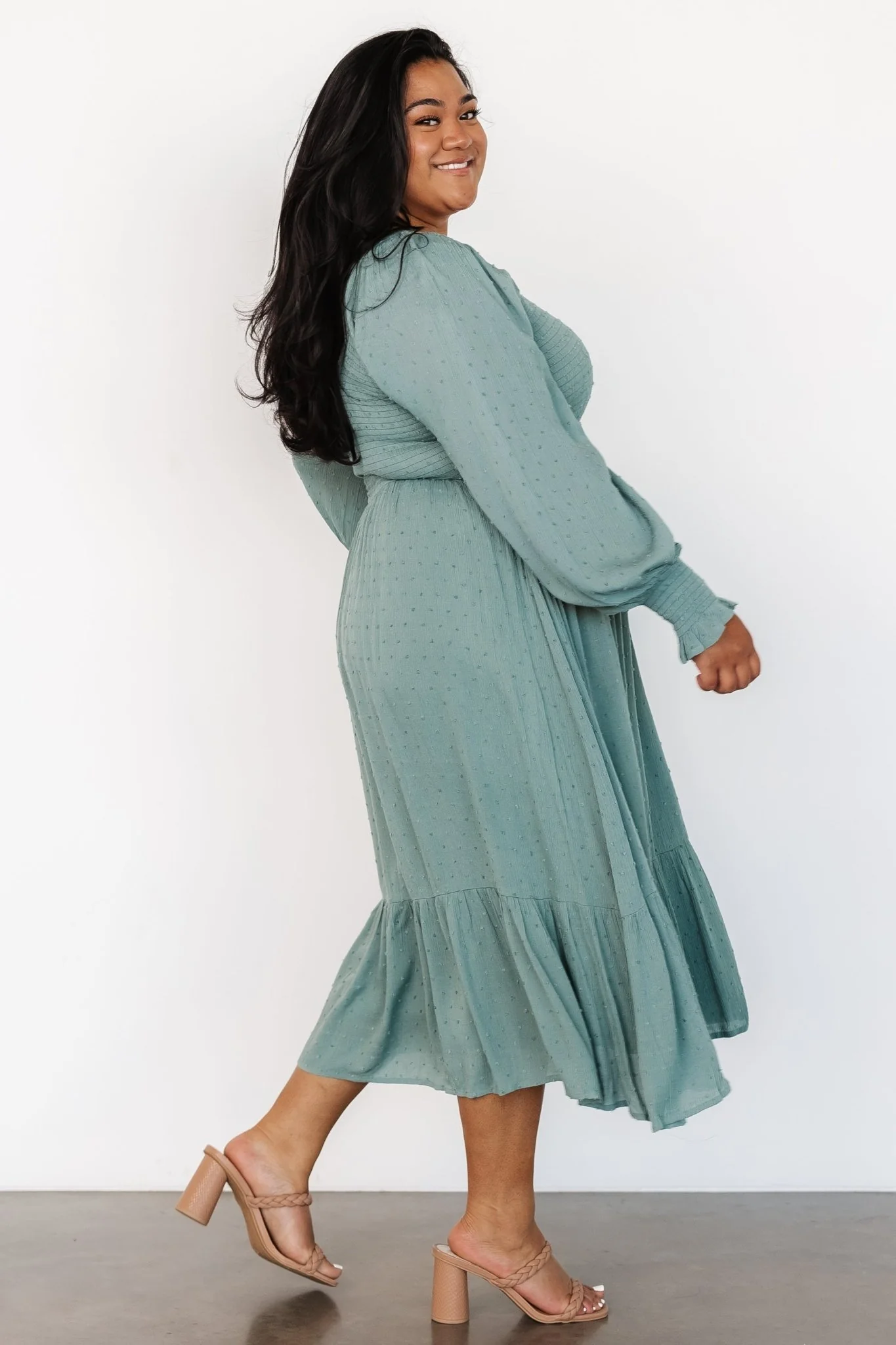 Lainey Smocked Dotted Midi Dress | Dark Sage - Image 6